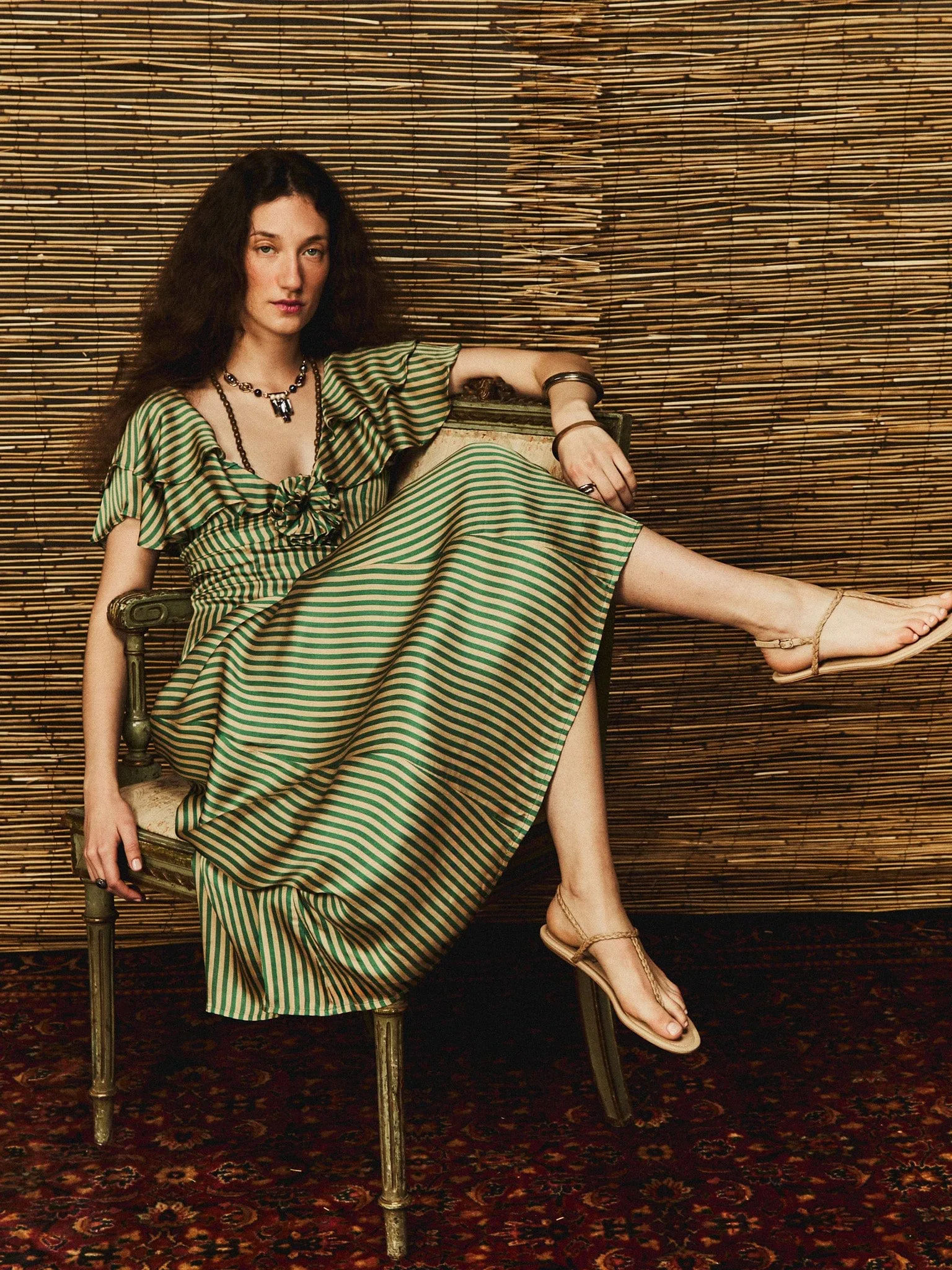 Lucie Dress in Almond & Green Stripe serene glow