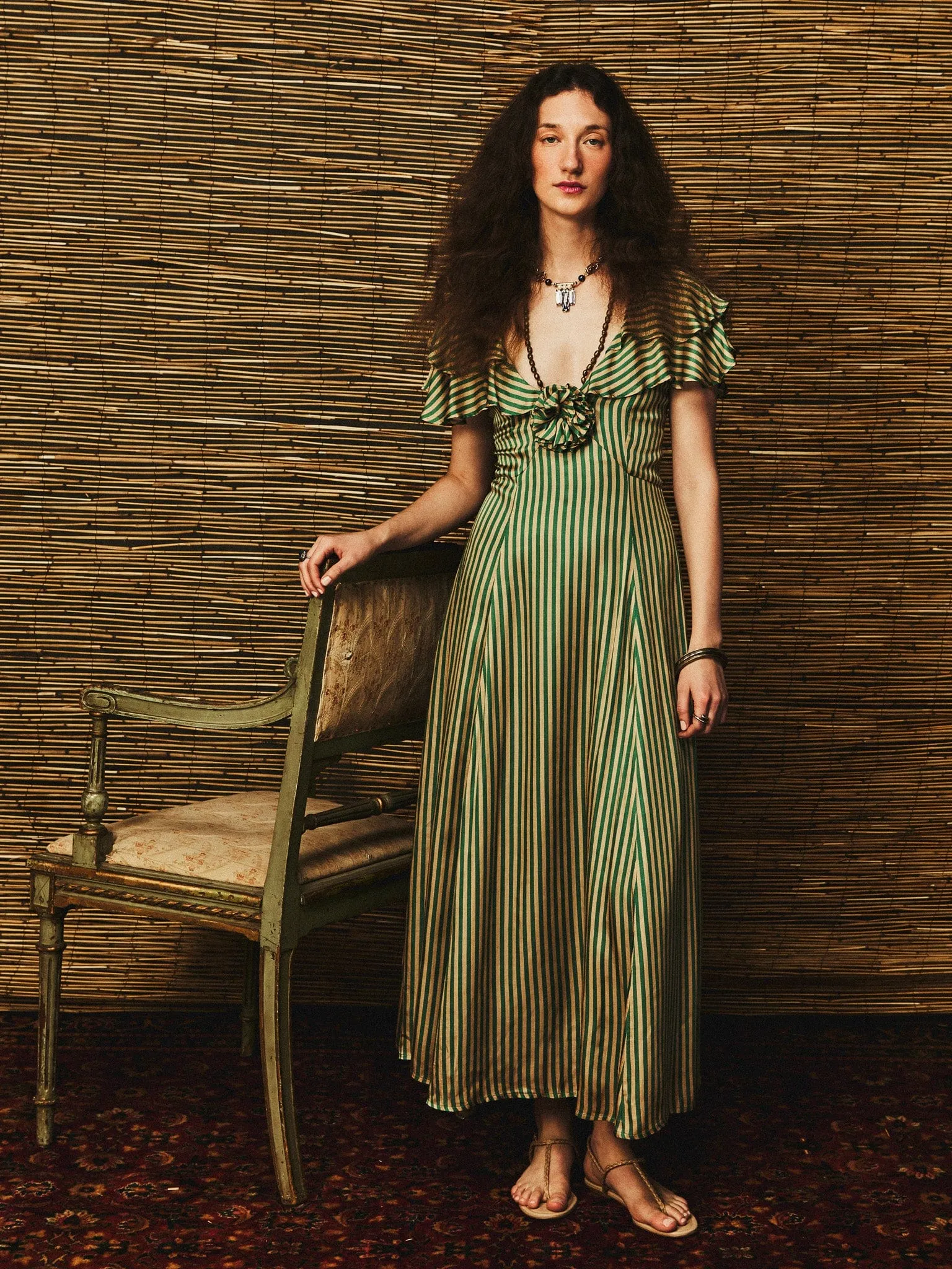 Lucie Dress in Almond & Green Stripe touch soft