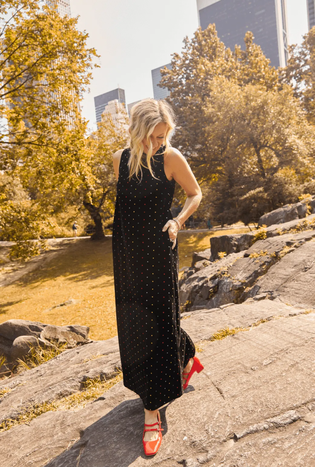 Maxi Mod Dress - Embroidered Dot Black Velvet warm weather