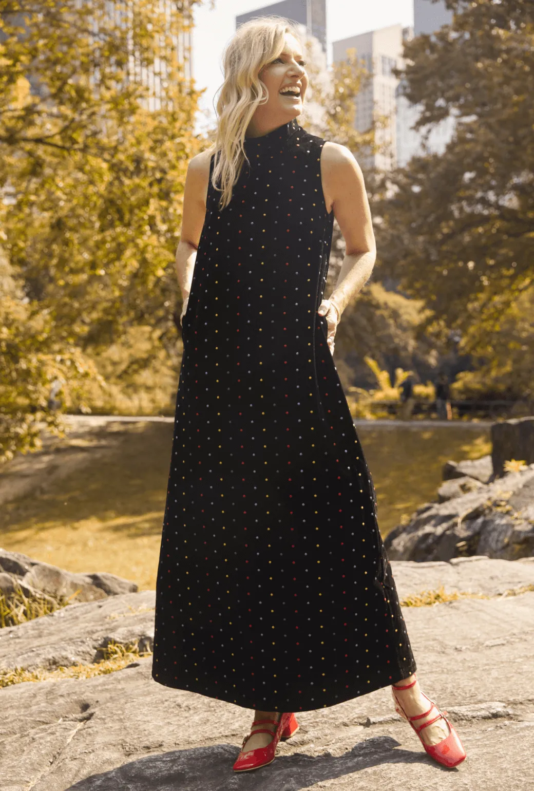Maxi Mod Dress - Embroidered Dot Black Velvet brunch ready