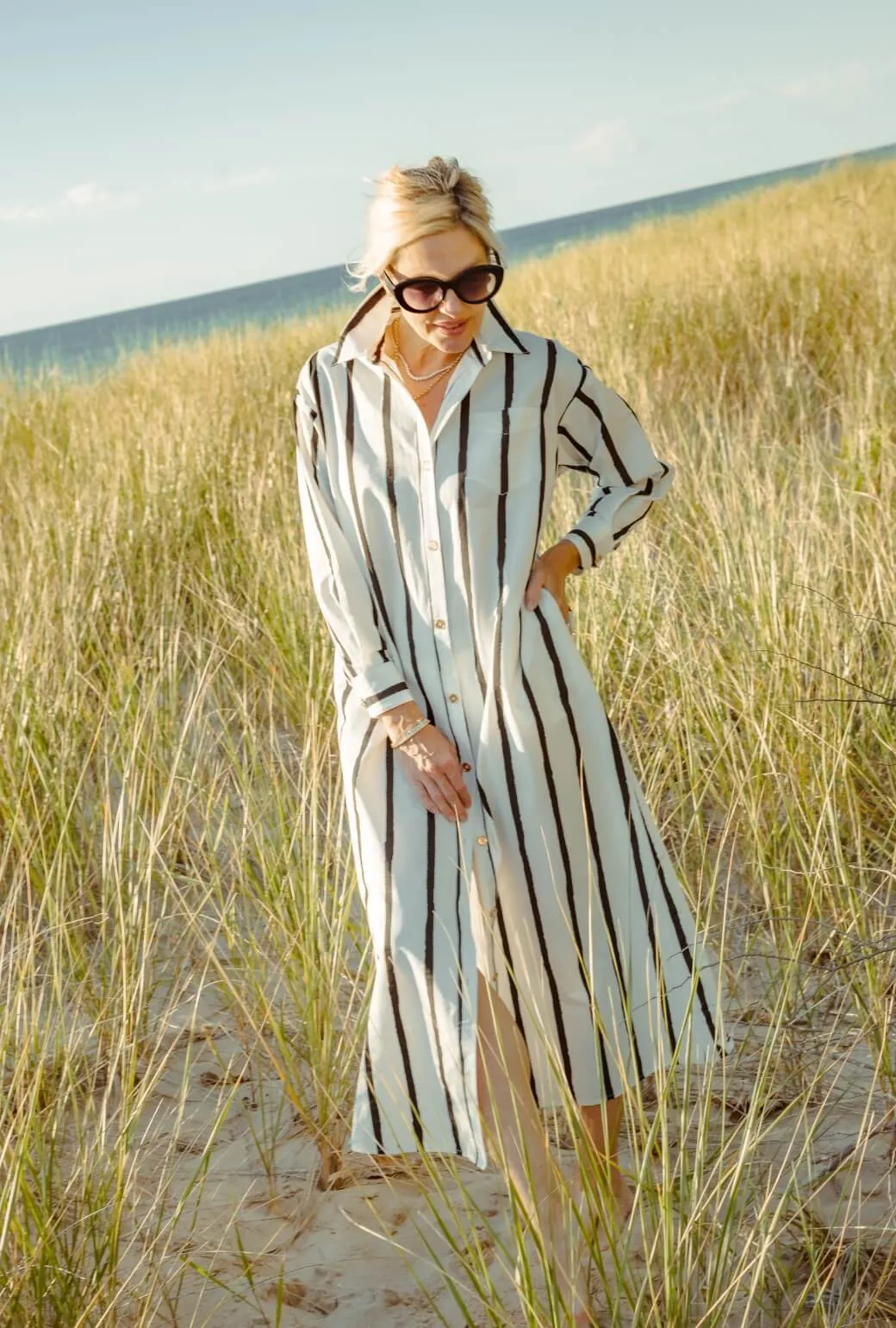 Midi Boyfriend Shirtdress - Black and White Painter Stripe cozy vibe