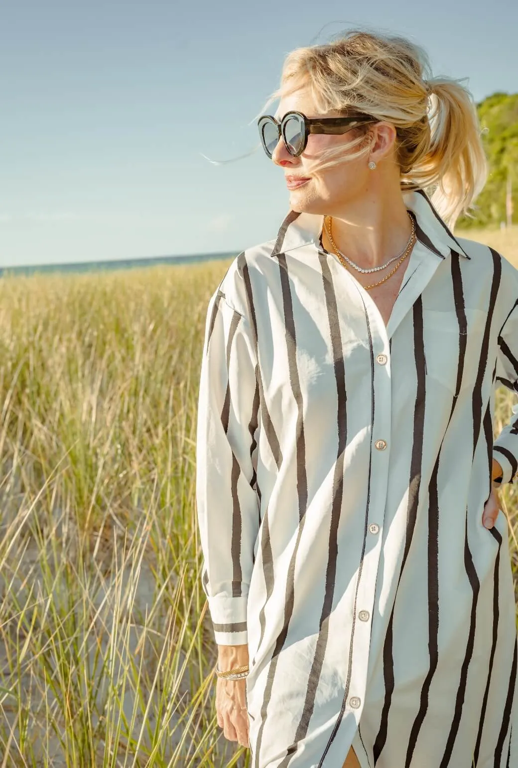 Midi Boyfriend Shirtdress - Black and White Painter Stripe relaxed glam