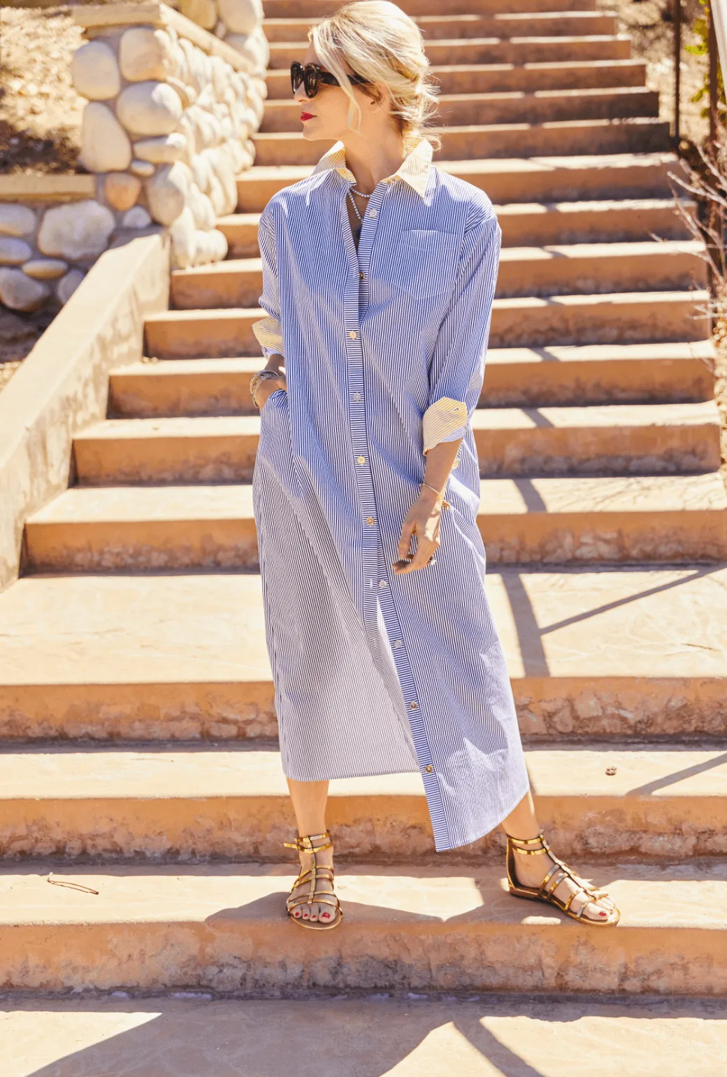 Midi Boyfriend Shirtdress - Blue and Yellow Stripe soft luxe