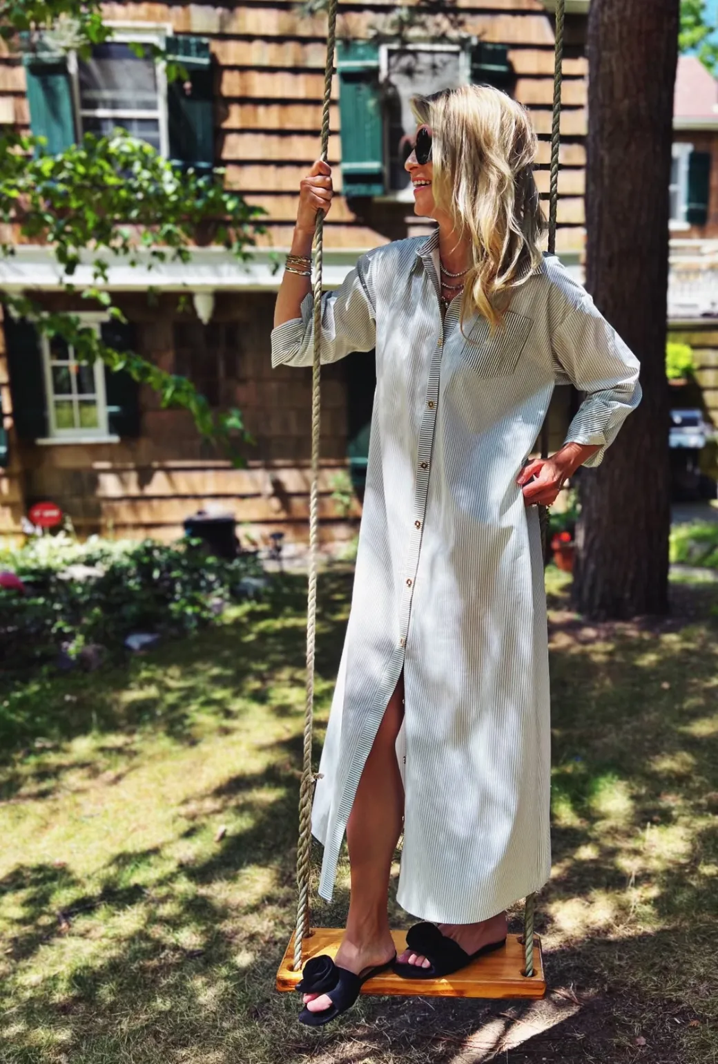 Midi Boyfriend Shirtdress - Olive Stripe subtle luxe
