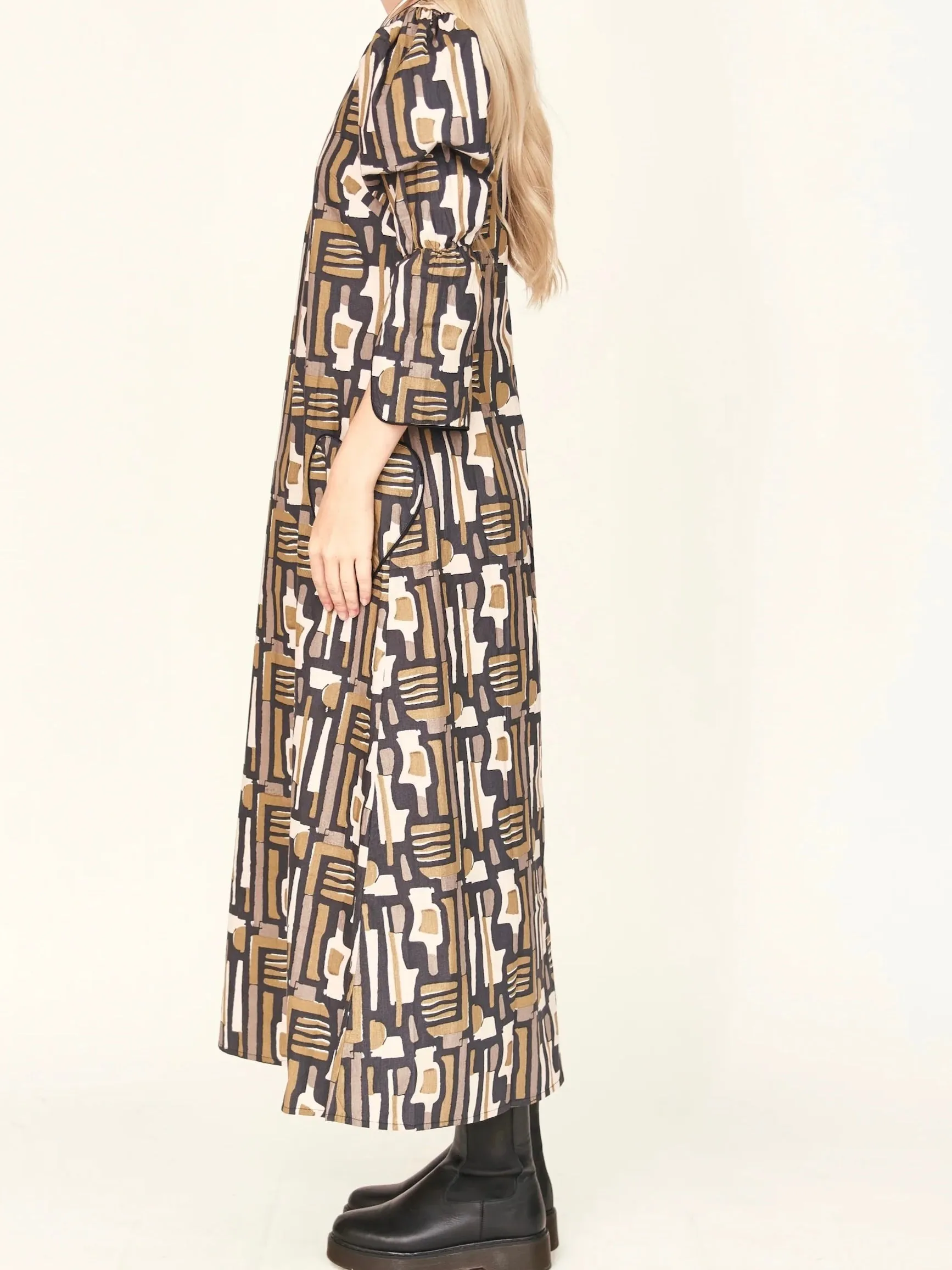 Mirth Cassis Dress in Olive Labyrinth brunch date