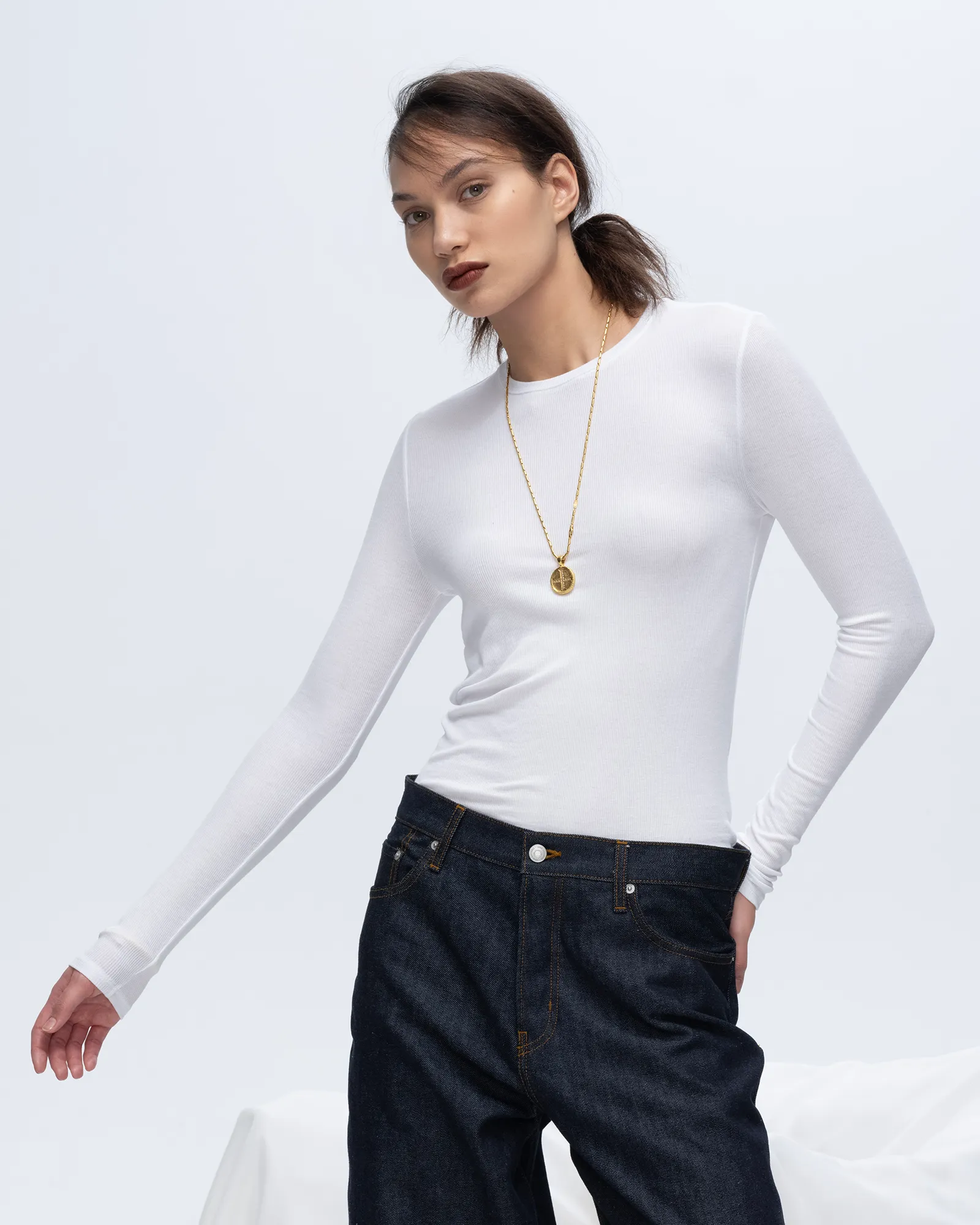 Modal Rib Long Sleeve Crew - White bold pick