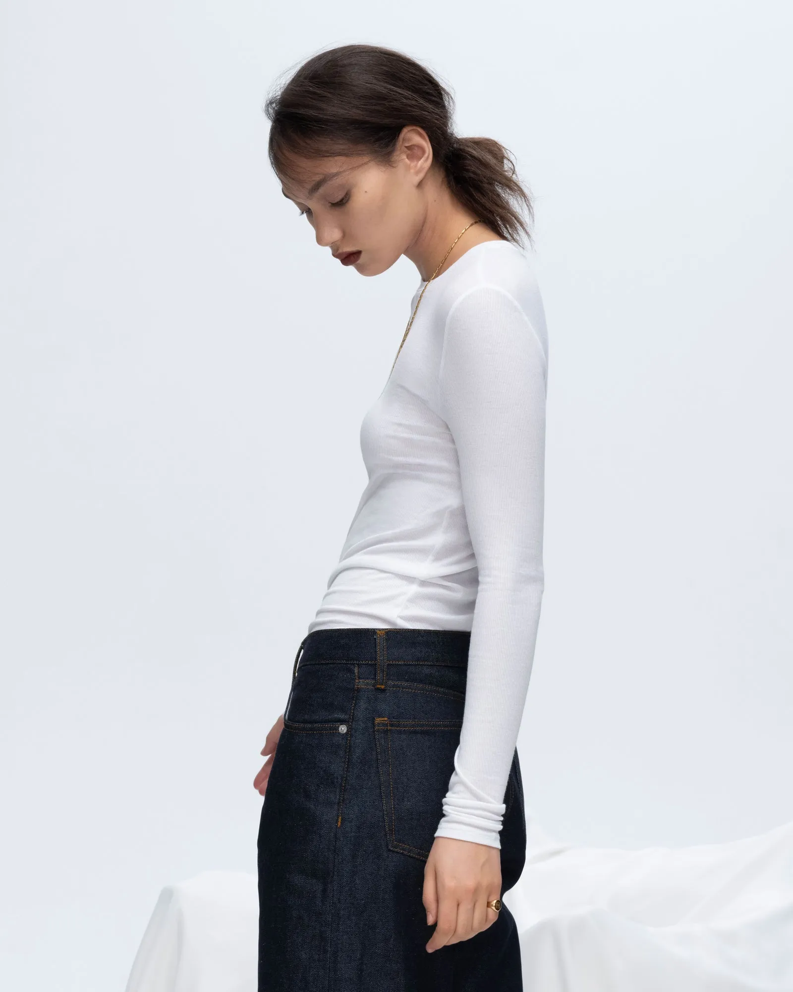Modal Rib Long Sleeve Crew - White summer cool