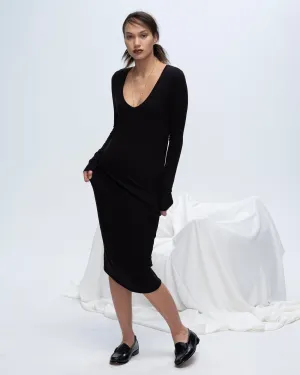 Modal Rib Long Sleeve Deep V-Neck Midi Dress - Black dreamy vibe