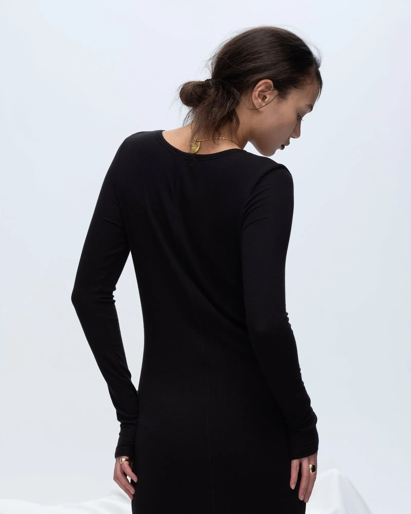 Modal Rib Long Sleeve Deep V-Neck Midi Dress - Black floral theme