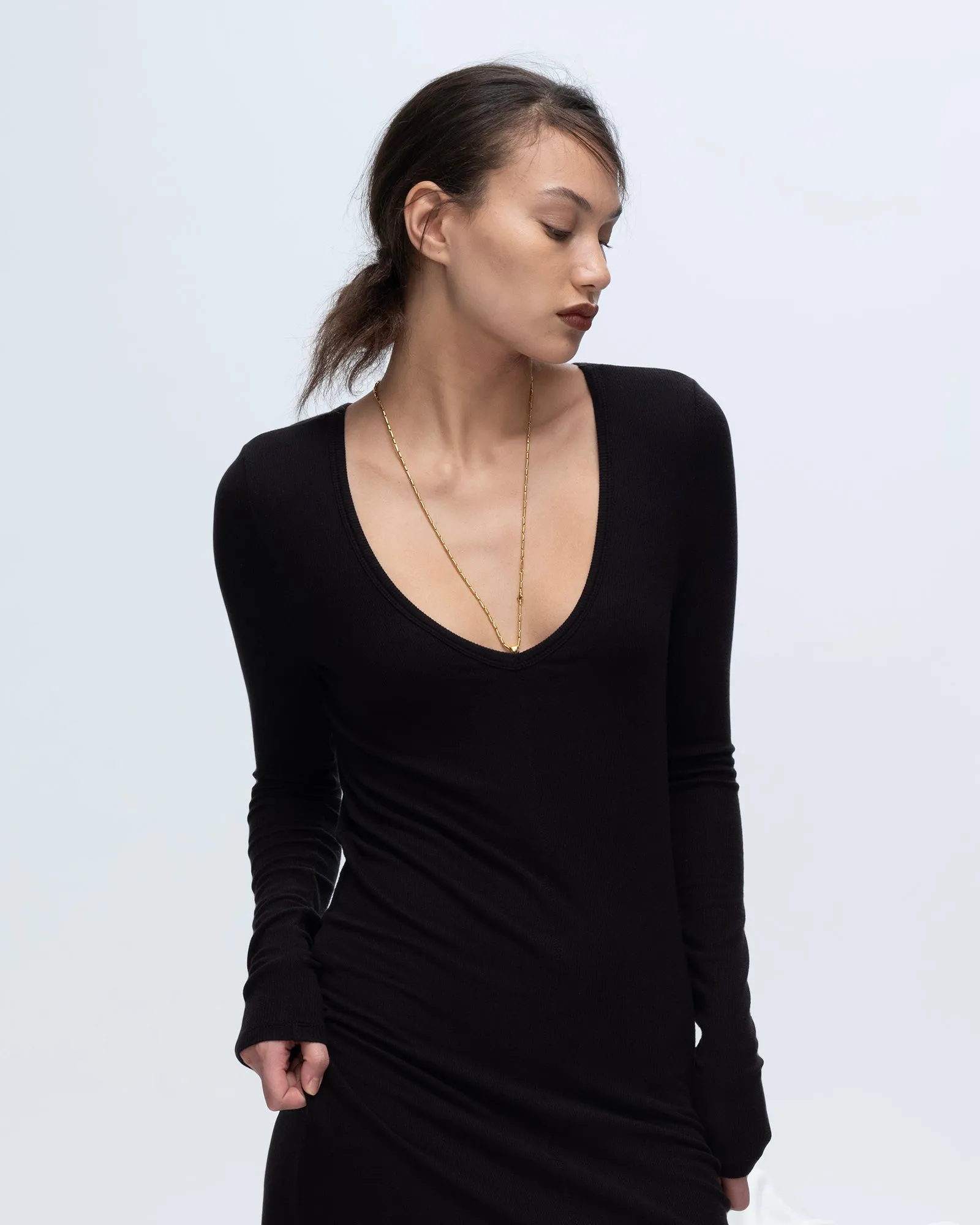Modal Rib Long Sleeve Deep V-Neck Midi Dress - Black lounge set
