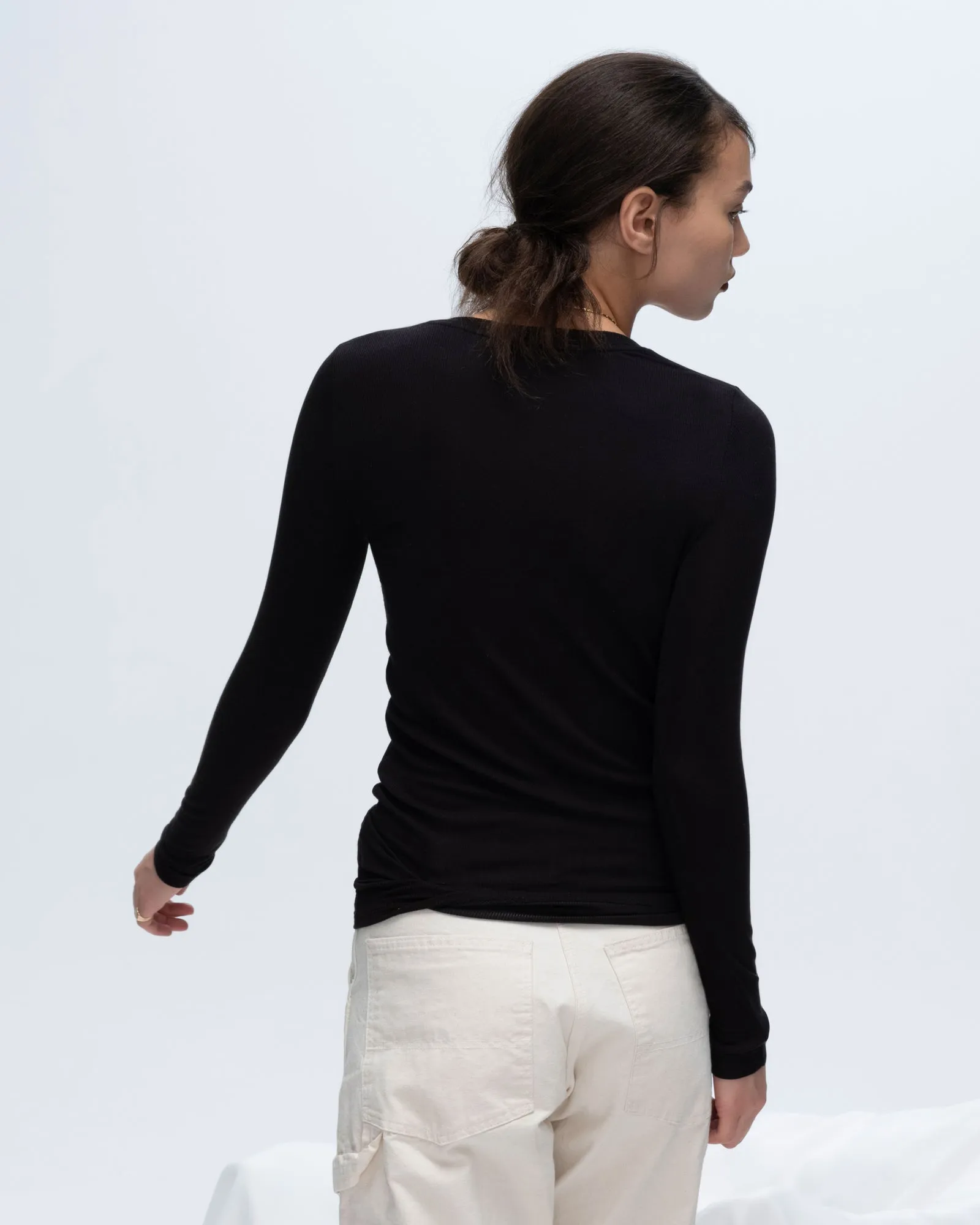 Modal Rib Long Sleeve V-Neck Tee - Black loose fit