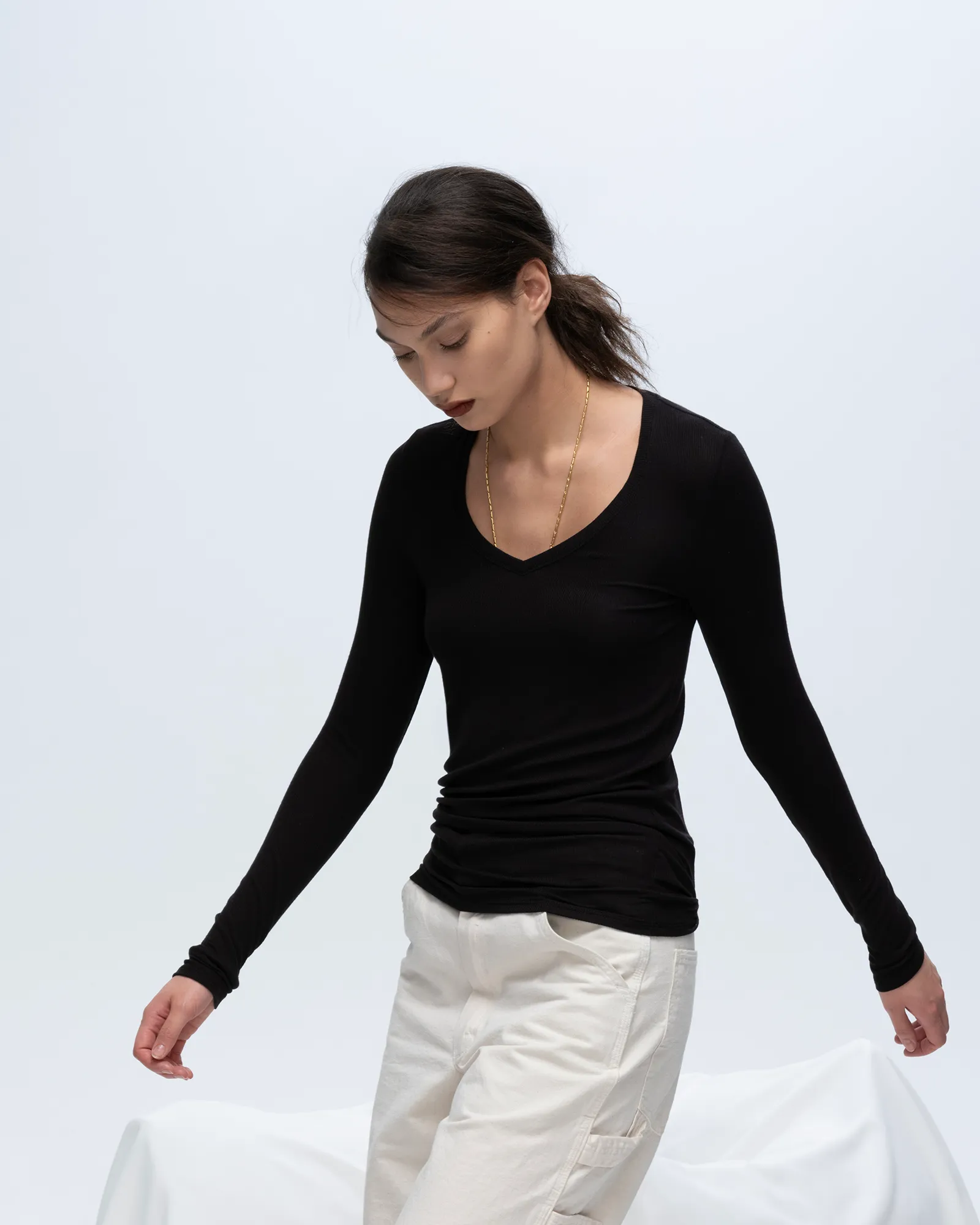 Modal Rib Long Sleeve V-Neck Tee - Black feel right