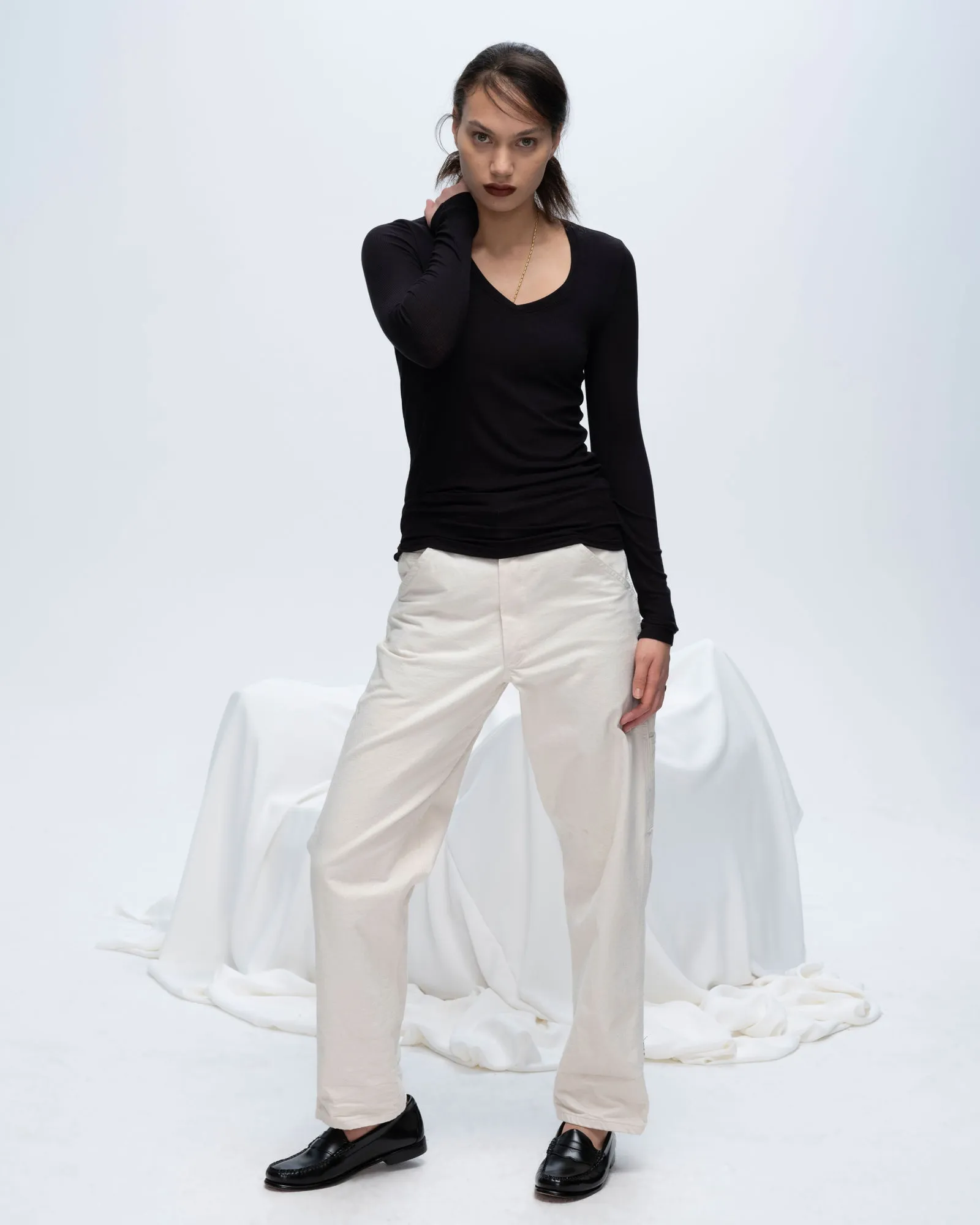 Modal Rib Long Sleeve V-Neck Tee - Black smart casual