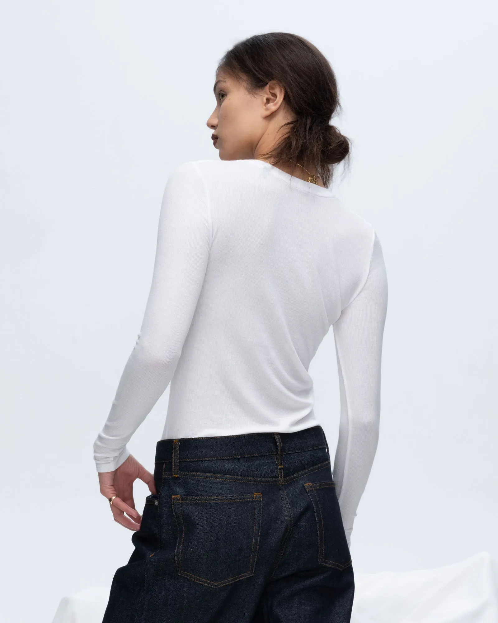 Modal Rib Long Sleeve V-Neck Tee - White happy wear