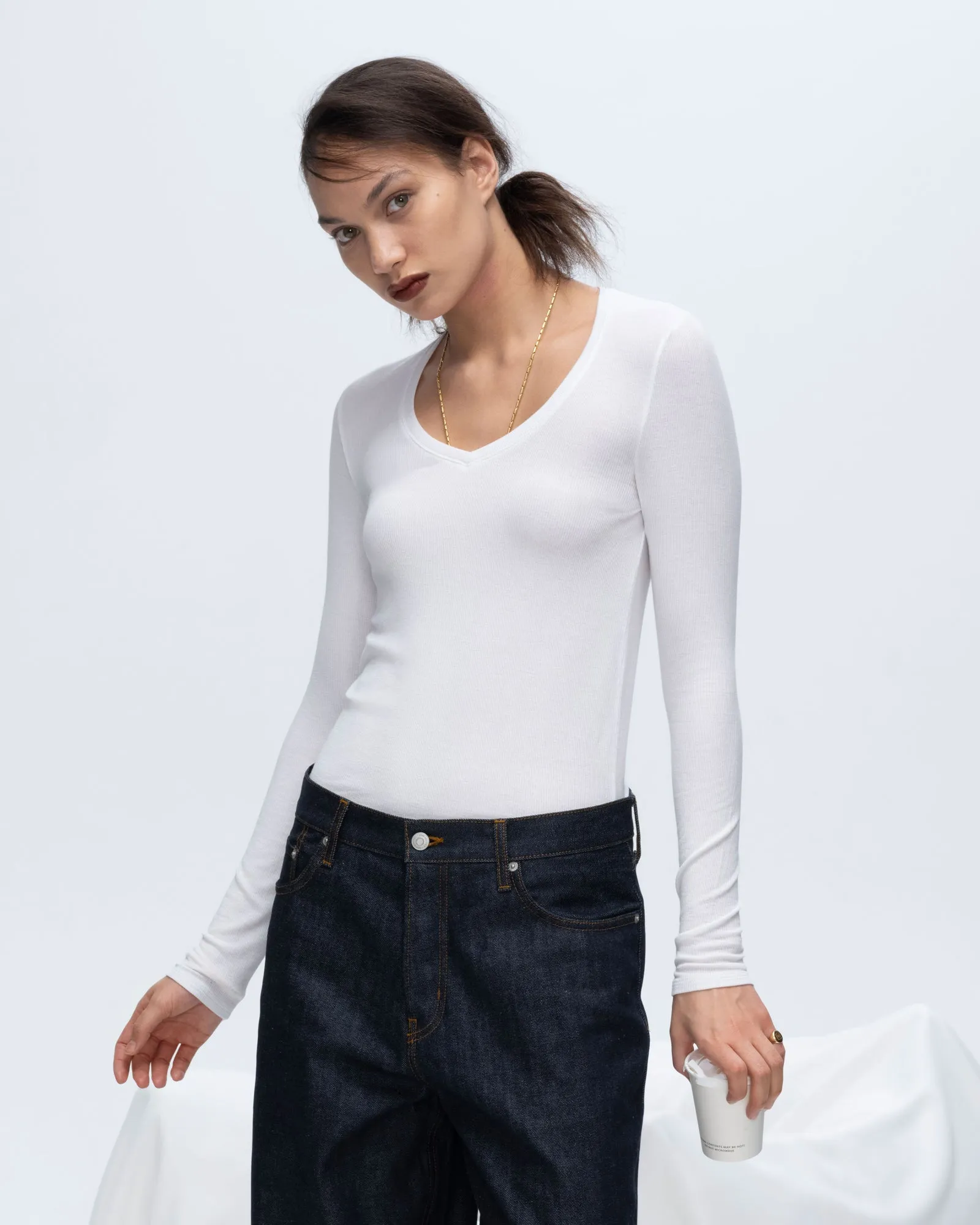Modal Rib Long Sleeve V-Neck Tee - White casual wear