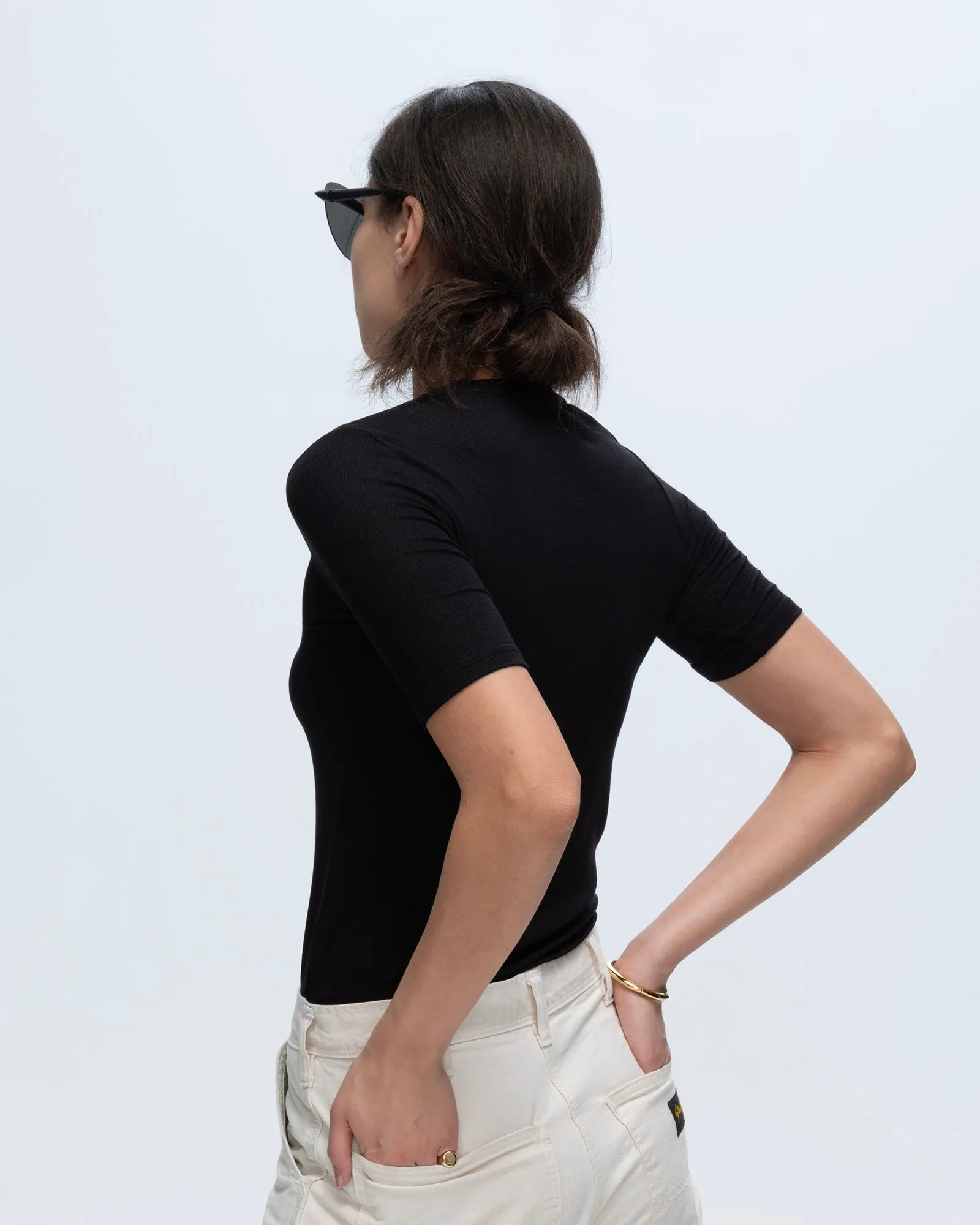 Modal Rib Short Sleeve Crew Neck Tee - Black trendy outfit
