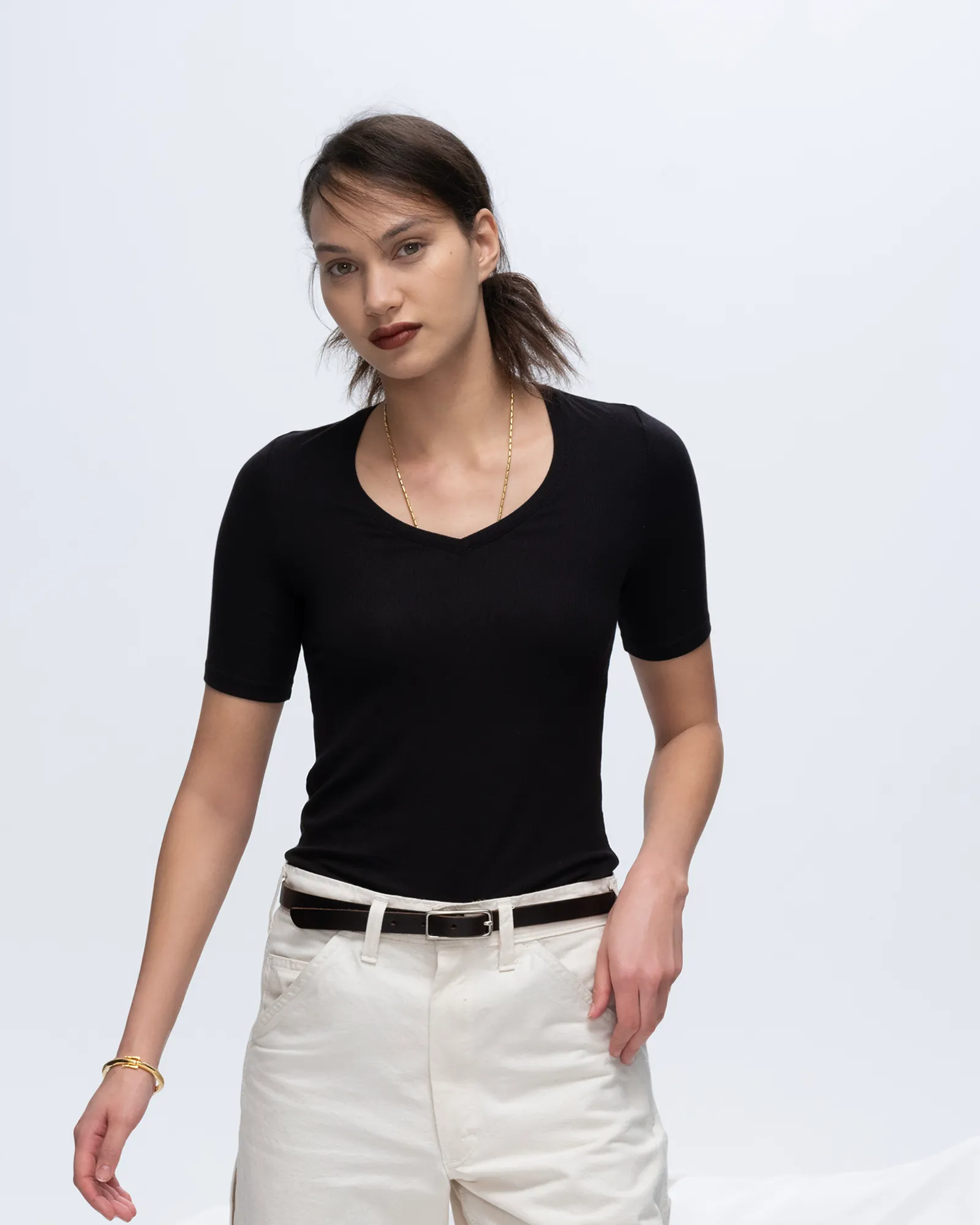 Modal Rib Short Sleeve V-Neck Tee - Black family fit