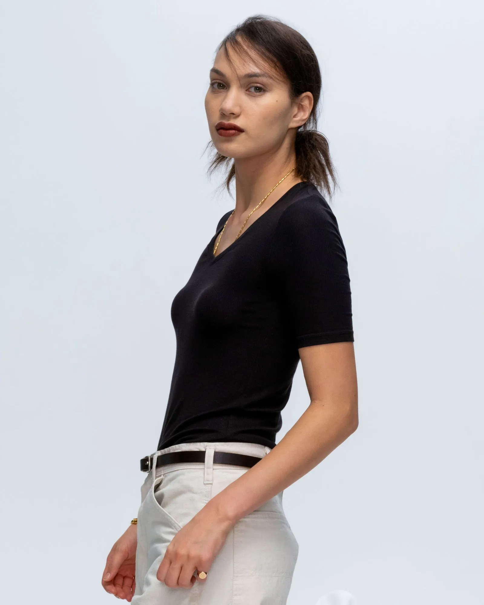 Modal Rib Short Sleeve V-Neck Tee - Black cool weather