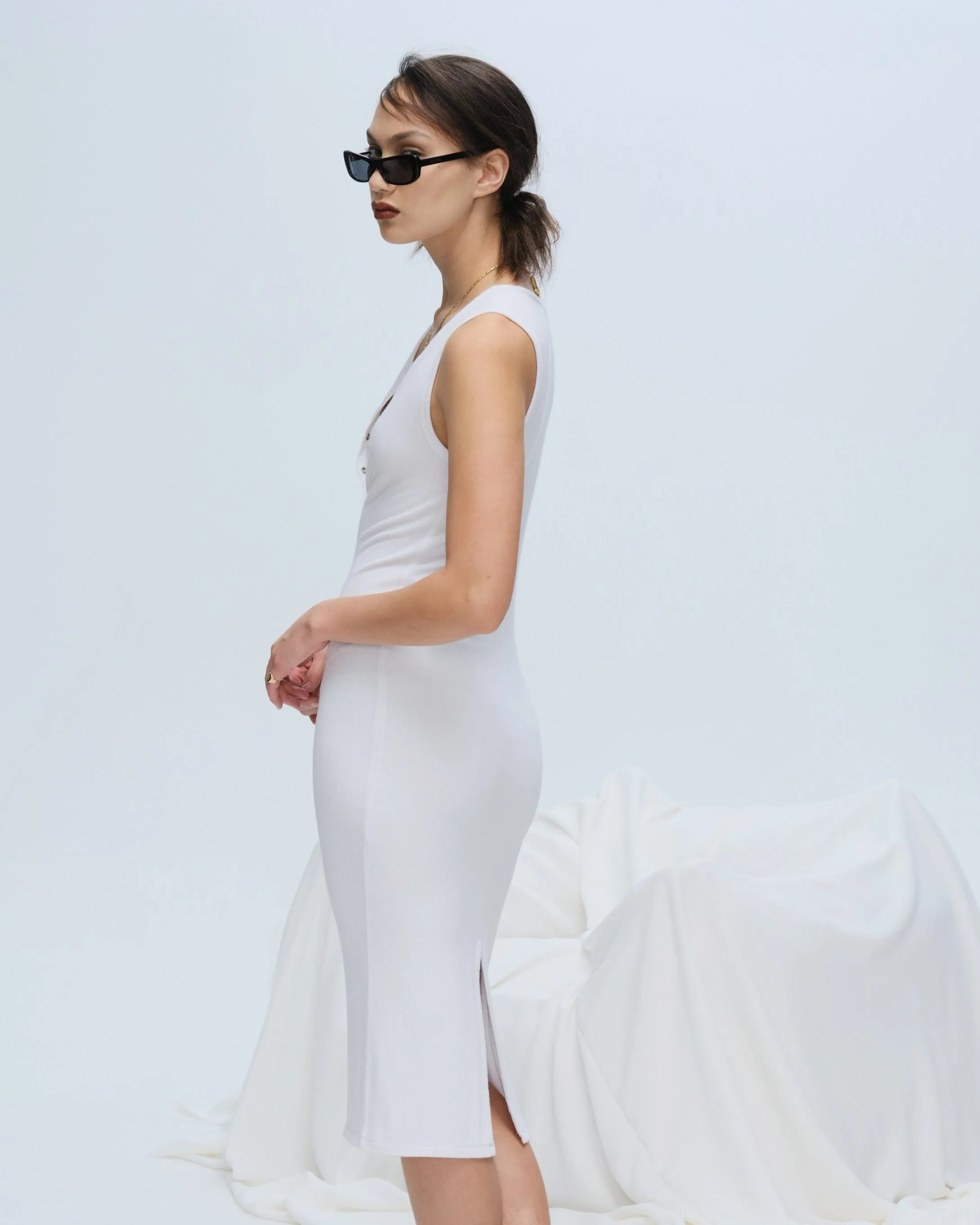 Modal Rib Sleeveless Henley Dress - White calm glow