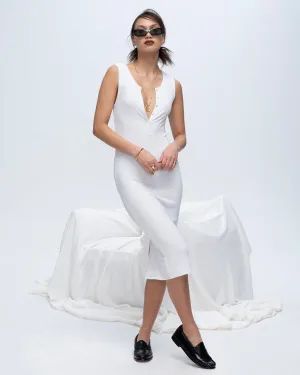 Modal Rib Sleeveless Henley Dress - White edgy charm