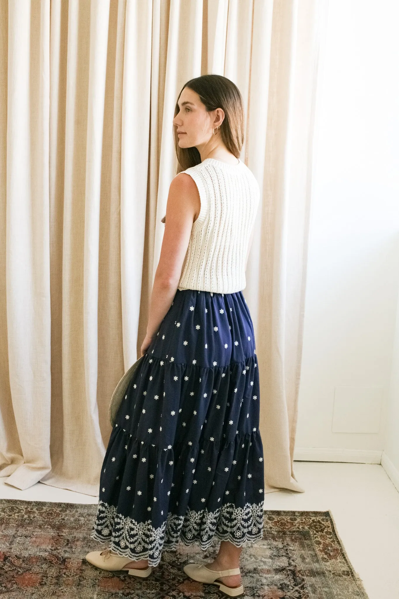 Navy Embroidered Midi Skirt youthful charm