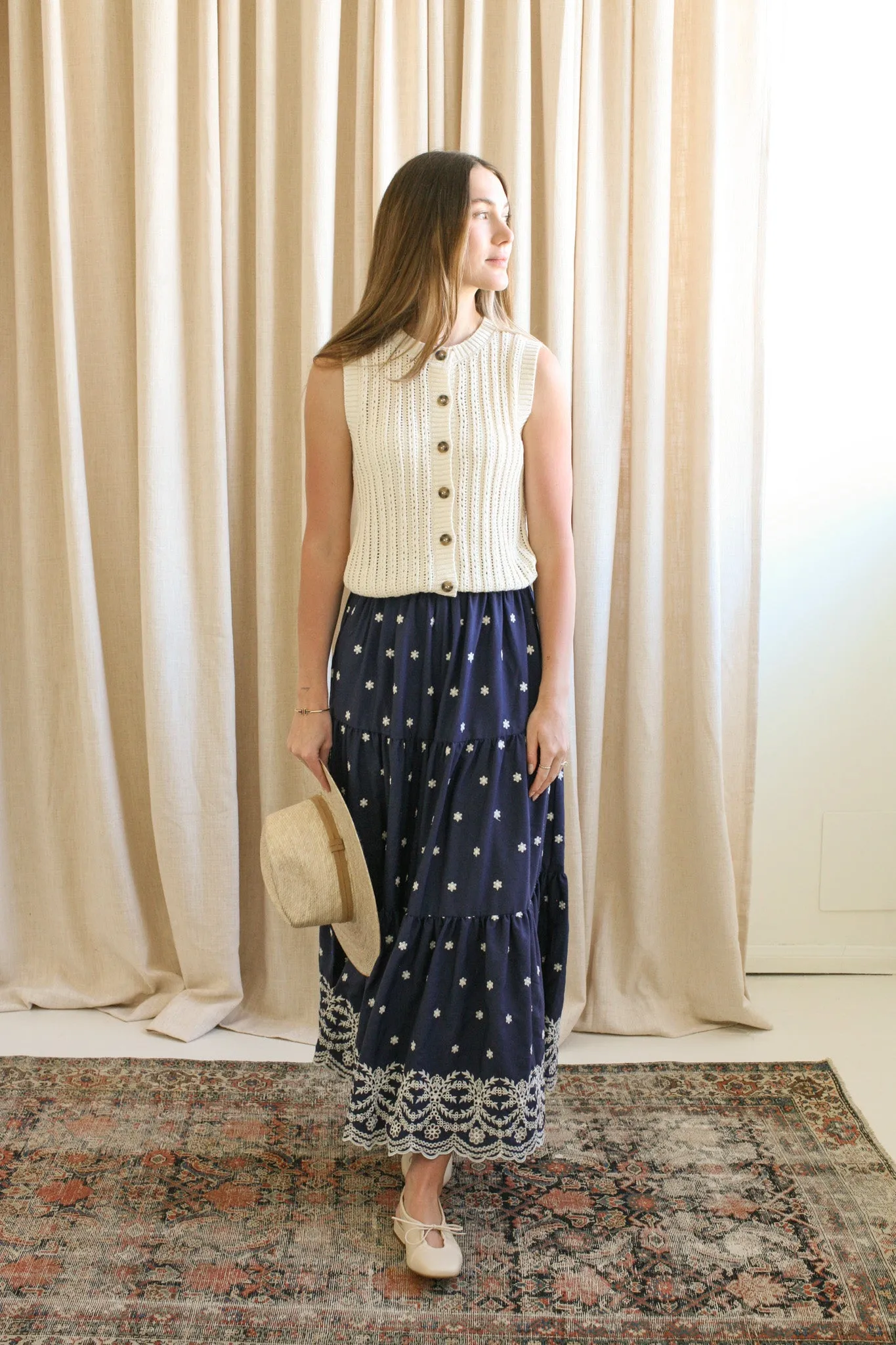 Navy Embroidered Midi Skirt trend element