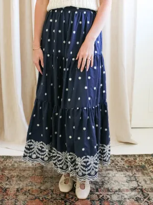 Navy Embroidered Midi Skirt young spirit
