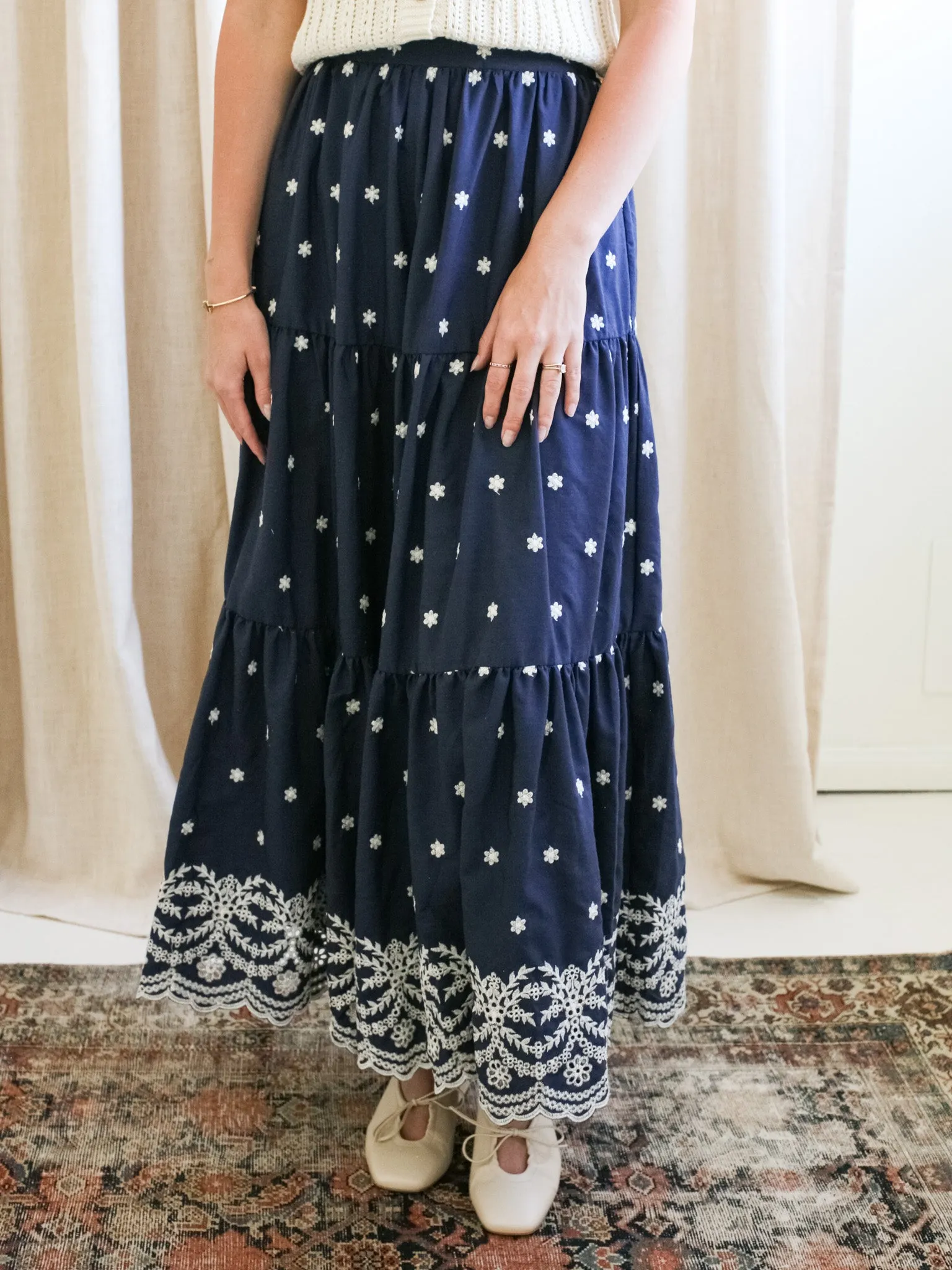Navy Embroidered Midi Skirt young spirit