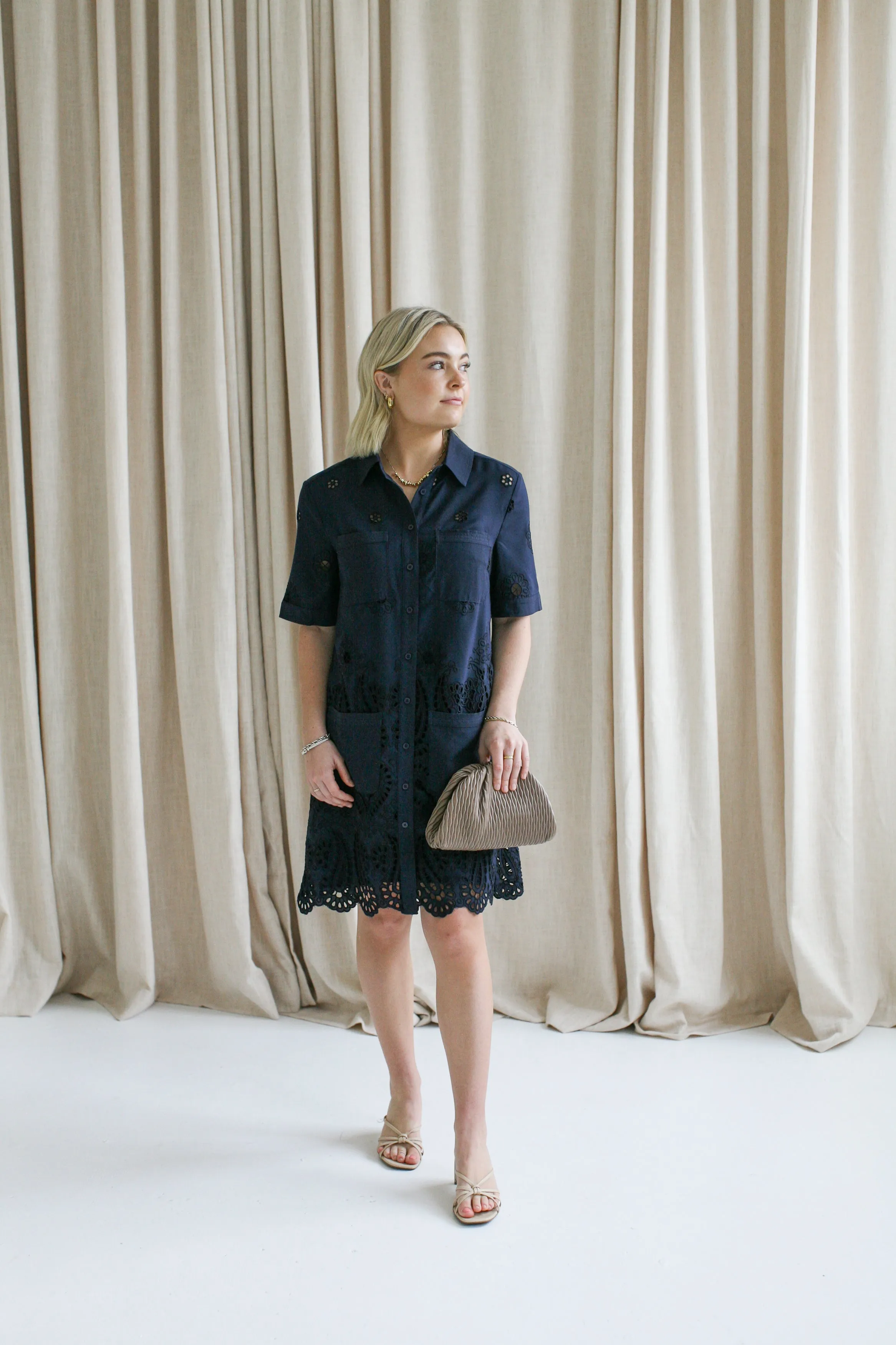 Navy Eyelet Shift Dress office wear
