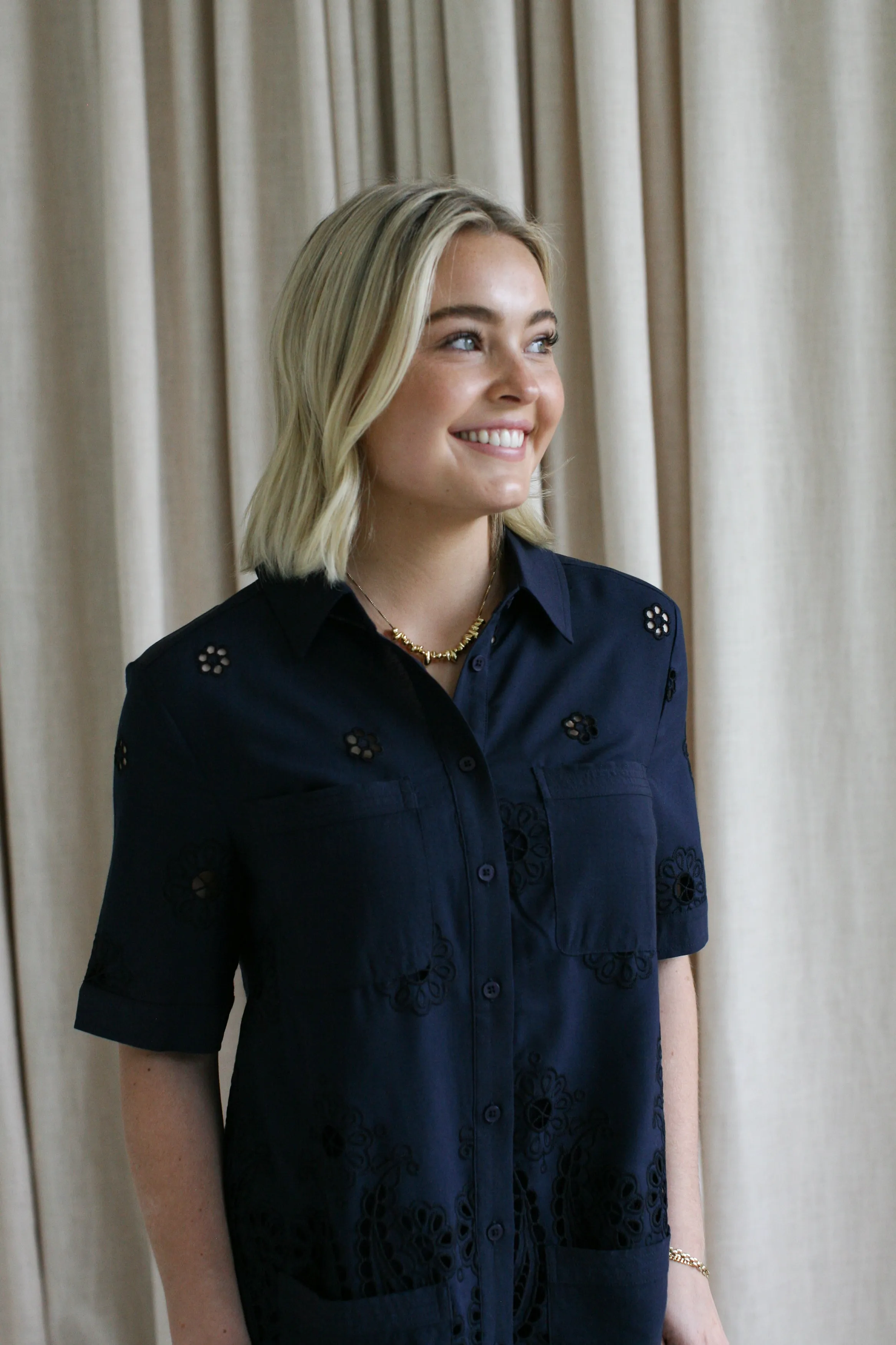 Navy Eyelet Shift Dress feminine charm