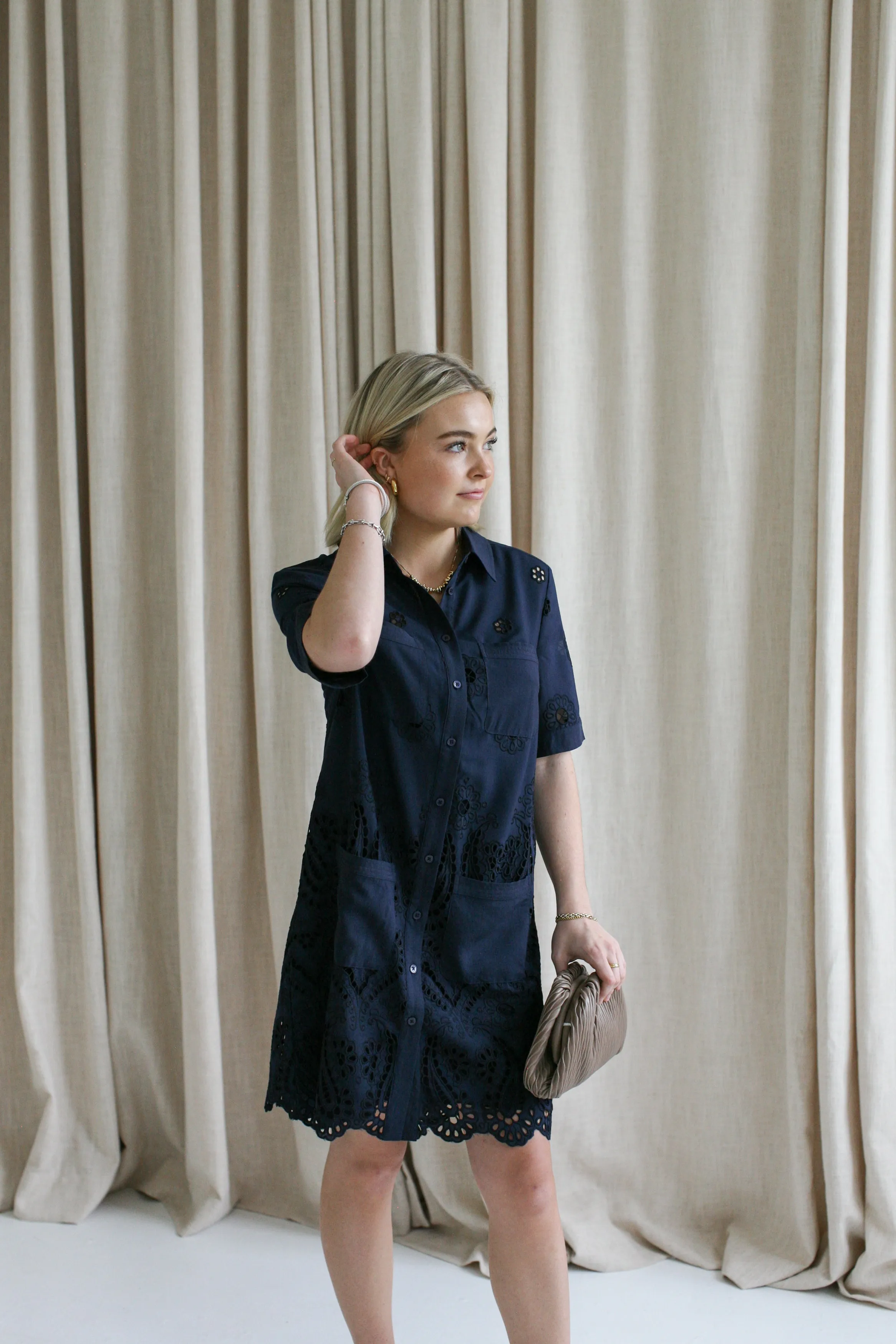 Navy Eyelet Shift Dress slow fashion