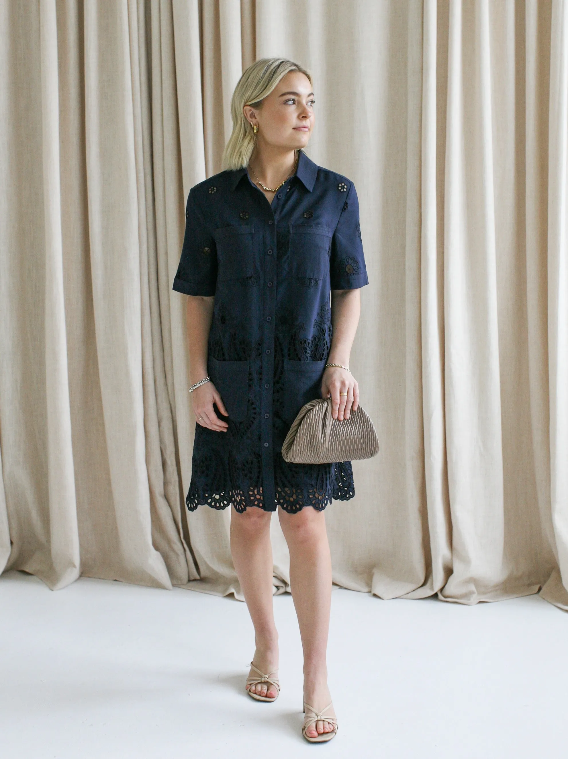 Navy Eyelet Shift Dress timeless edit