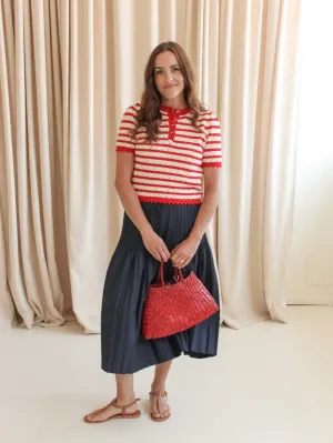 Navy Pleat Skirt party look