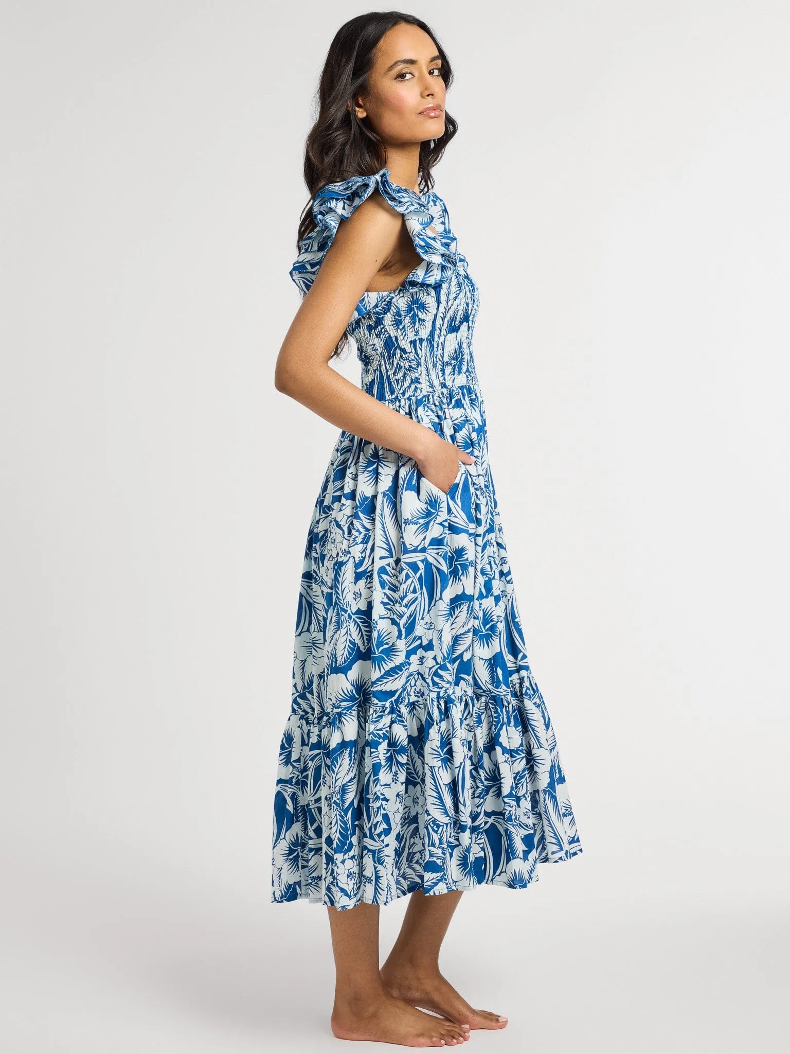 Olympia Dress in Blue Hibiscus feminine feel