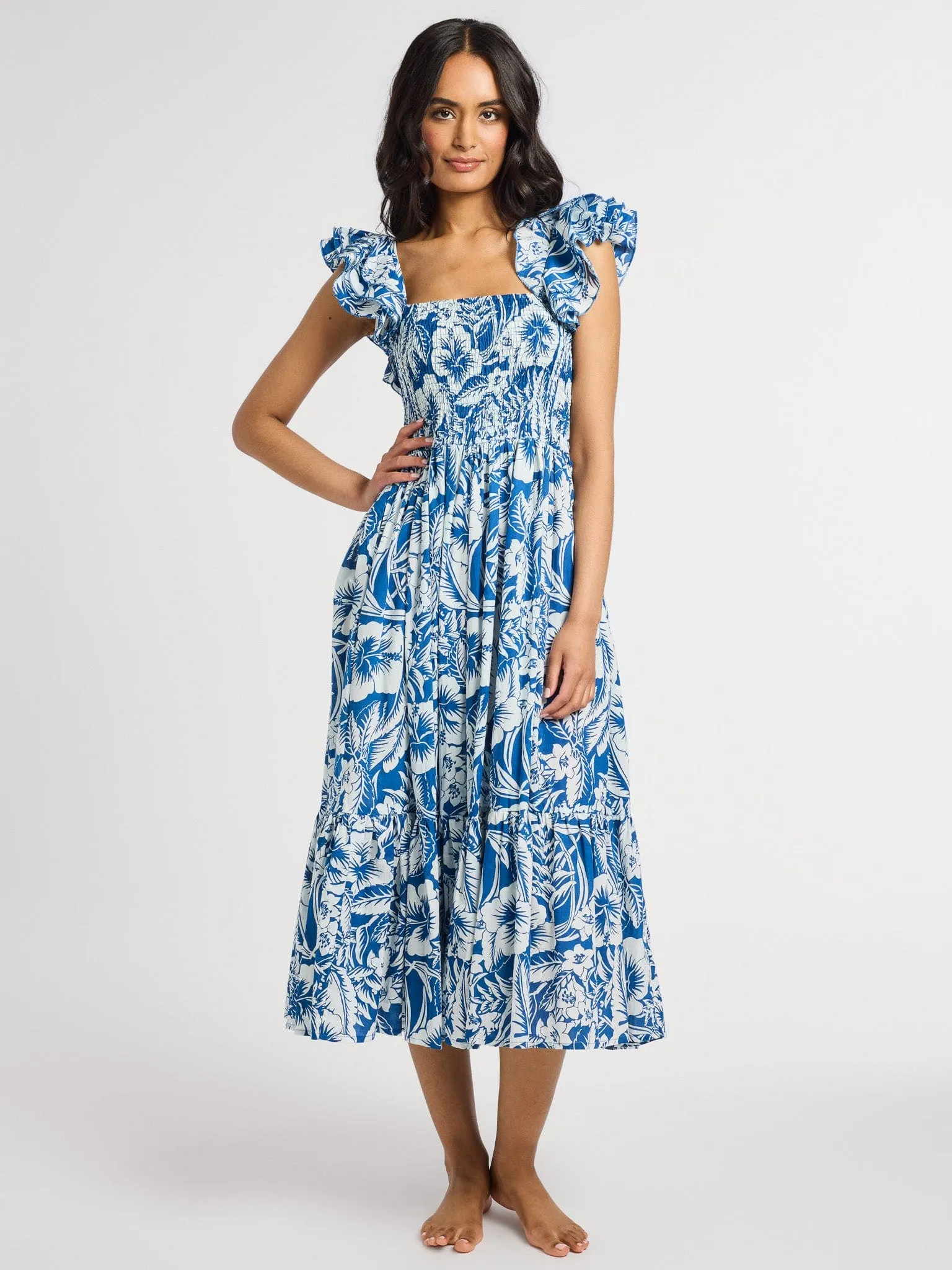 Olympia Dress in Blue Hibiscus coffee date