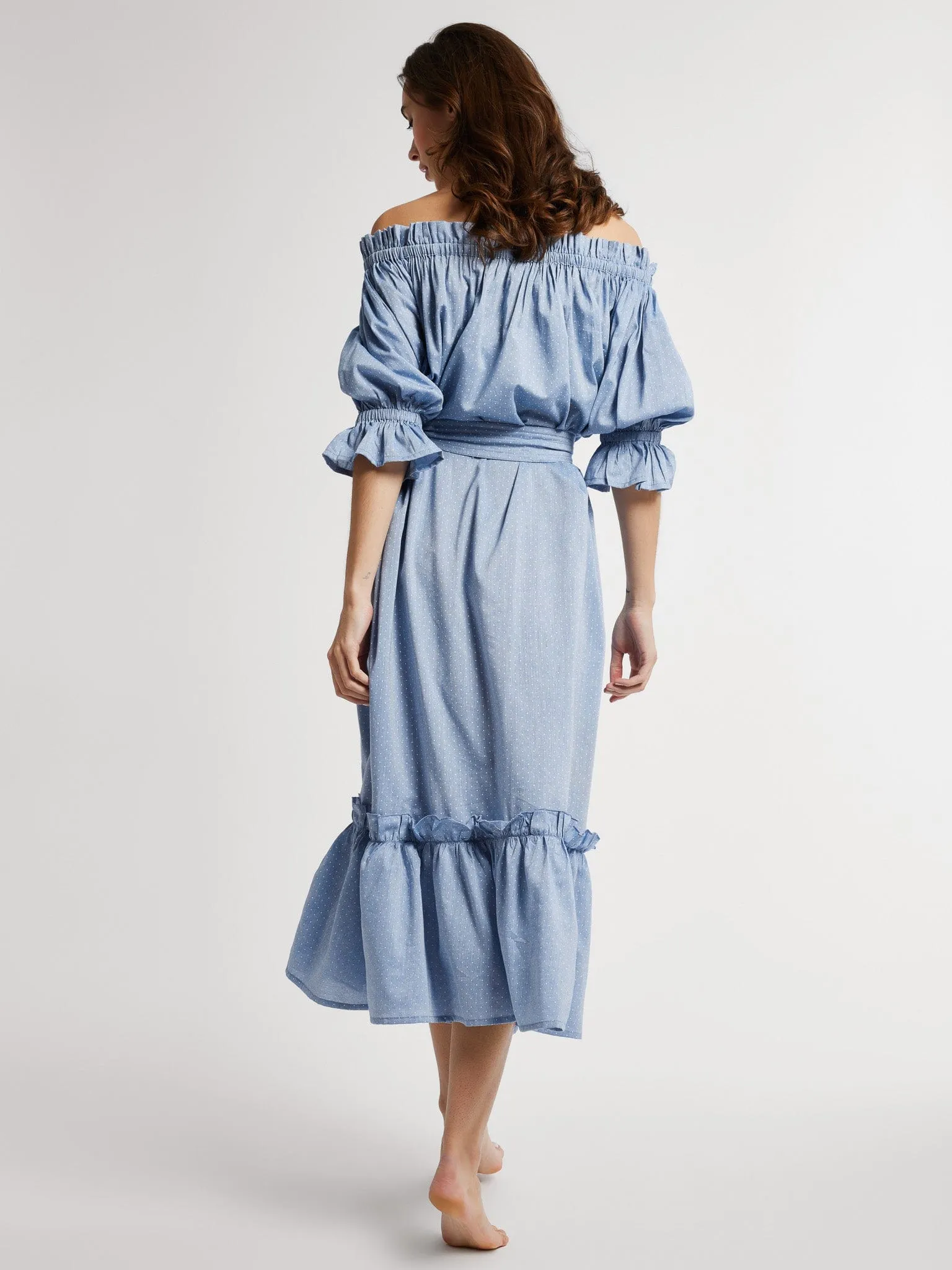 Paloma Dress in Chambray Polka Dot shine mode