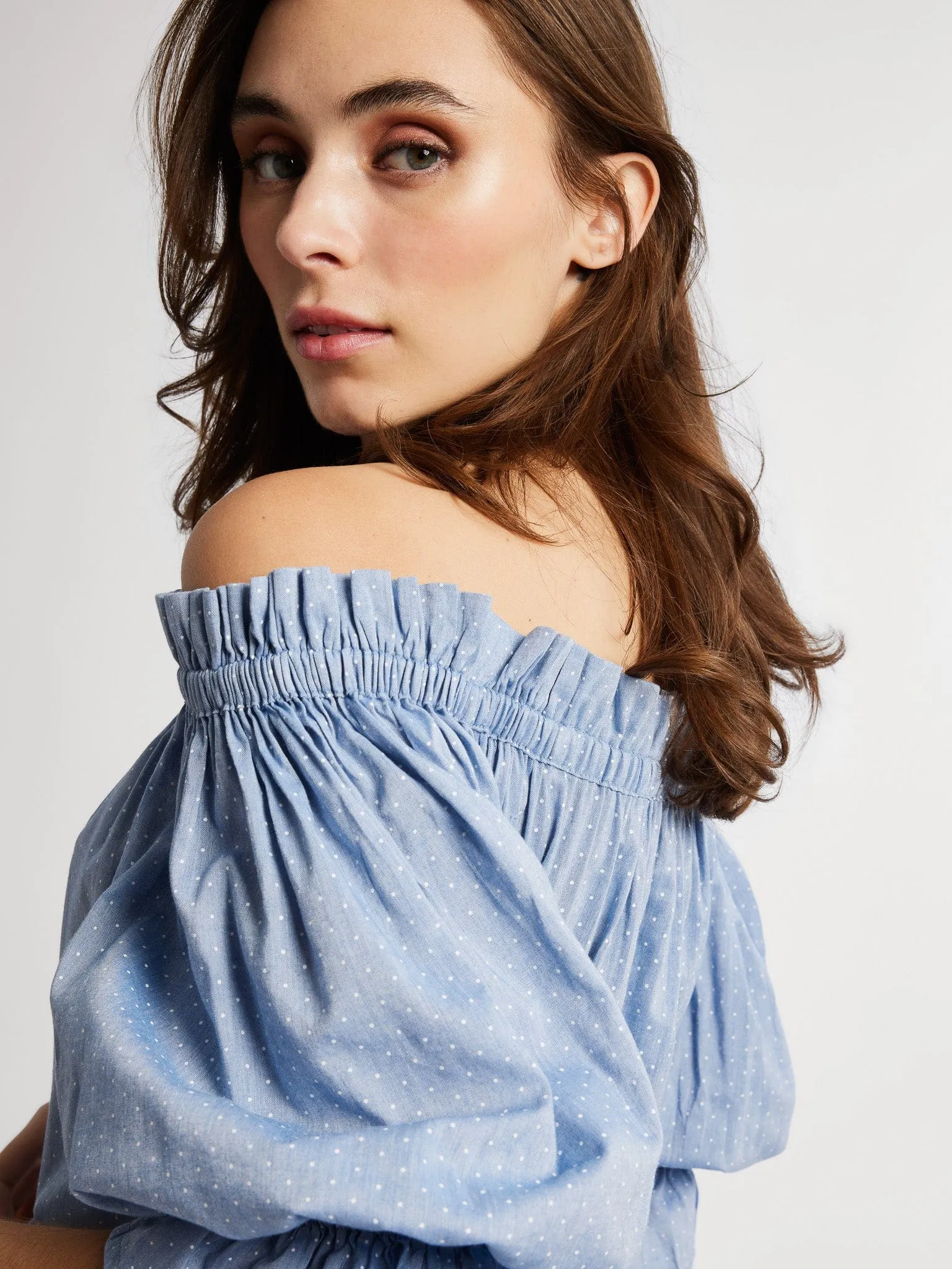 Paloma Dress in Chambray Polka Dot elegant vibe
