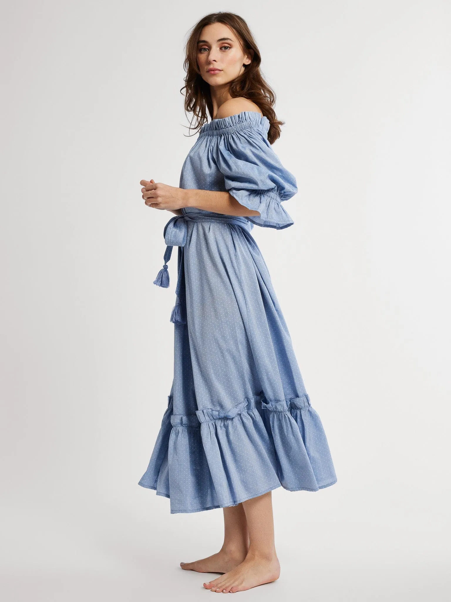Paloma Dress in Chambray Polka Dot romantic tone