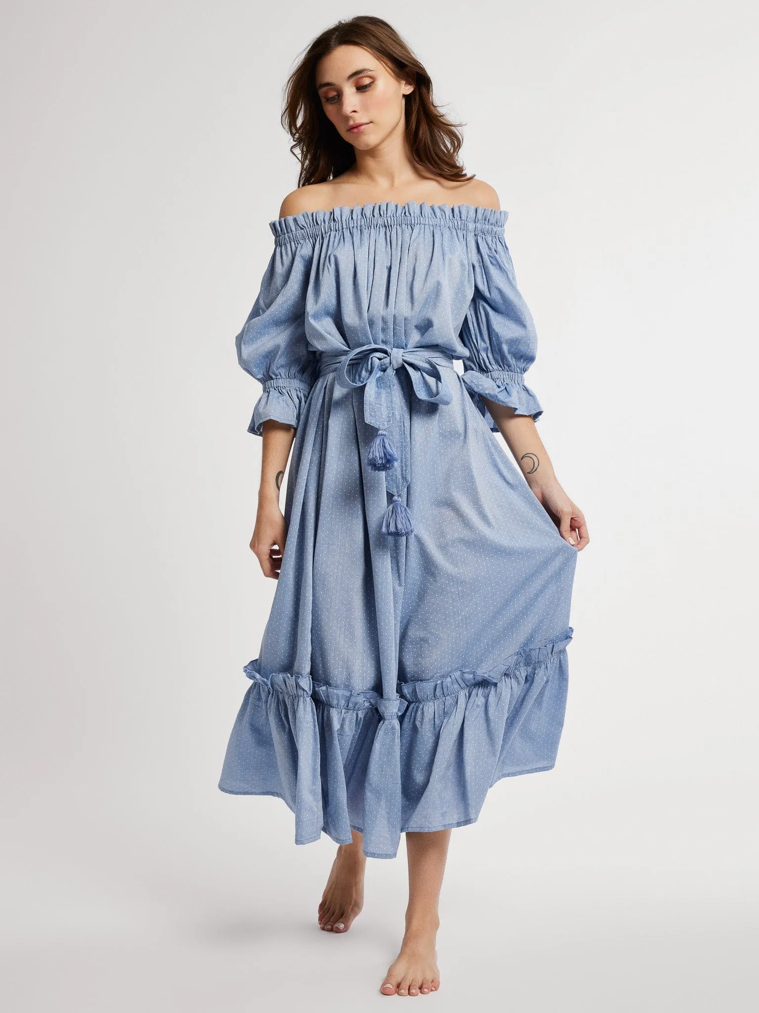 Paloma Dress in Chambray Polka Dot light elegance
