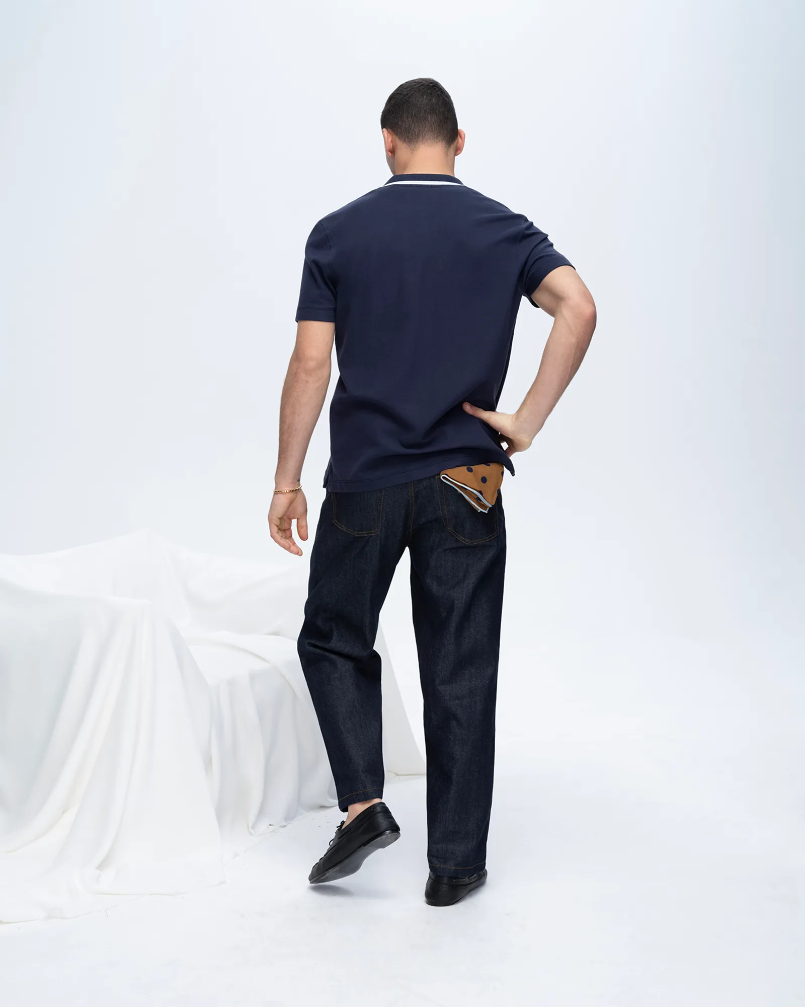 Pique Button Front Shirt with Tipping - Navy-White comfy shape