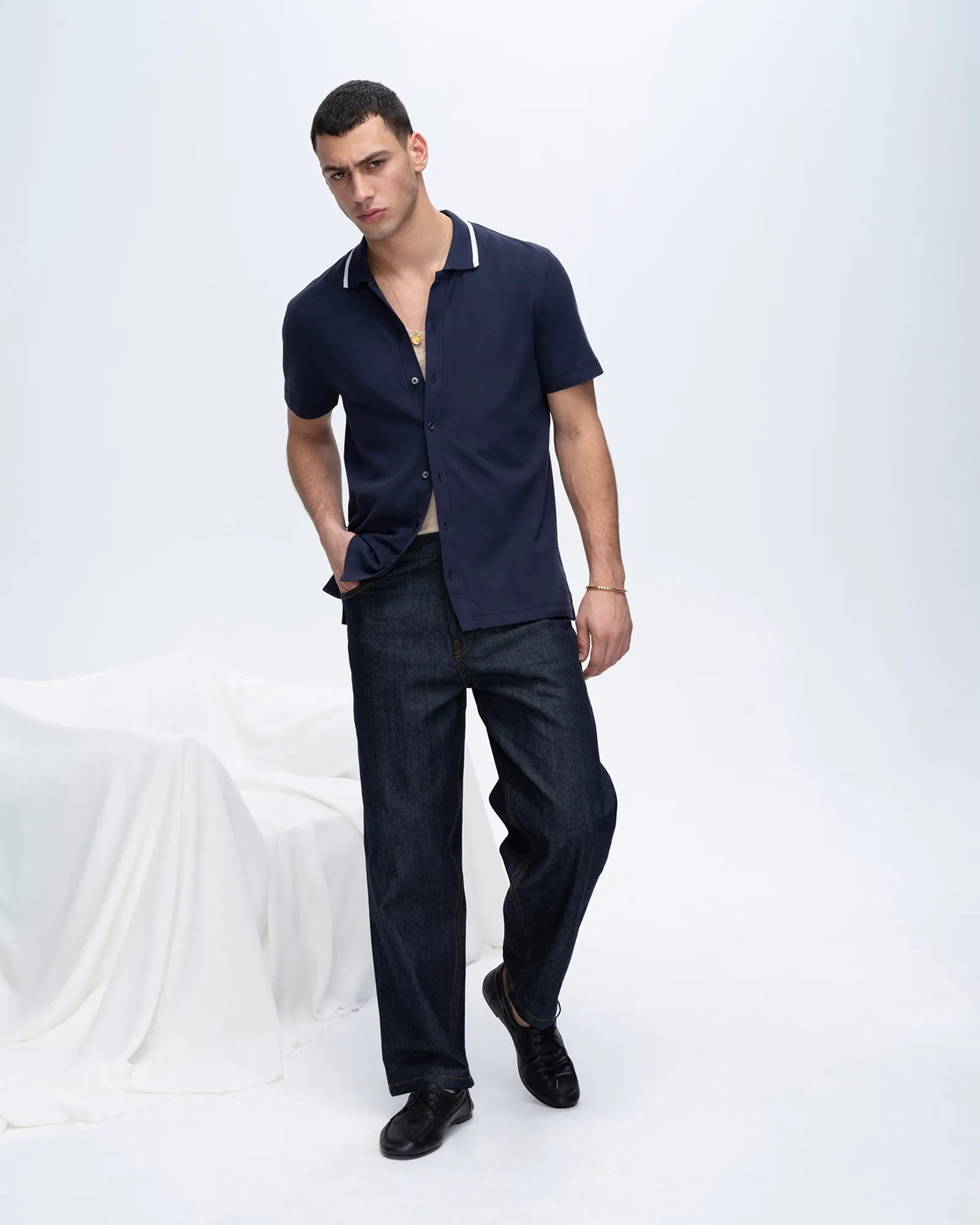 Pique Button Front Shirt with Tipping - Navy-White detail driven