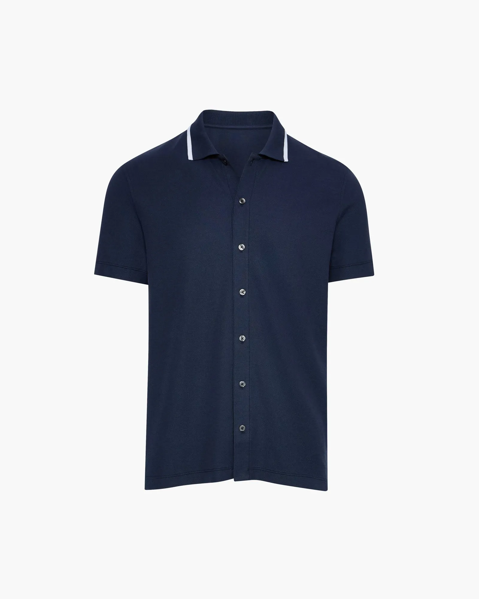 Pique Button Front Shirt with Tipping - Navy-White mature vibe