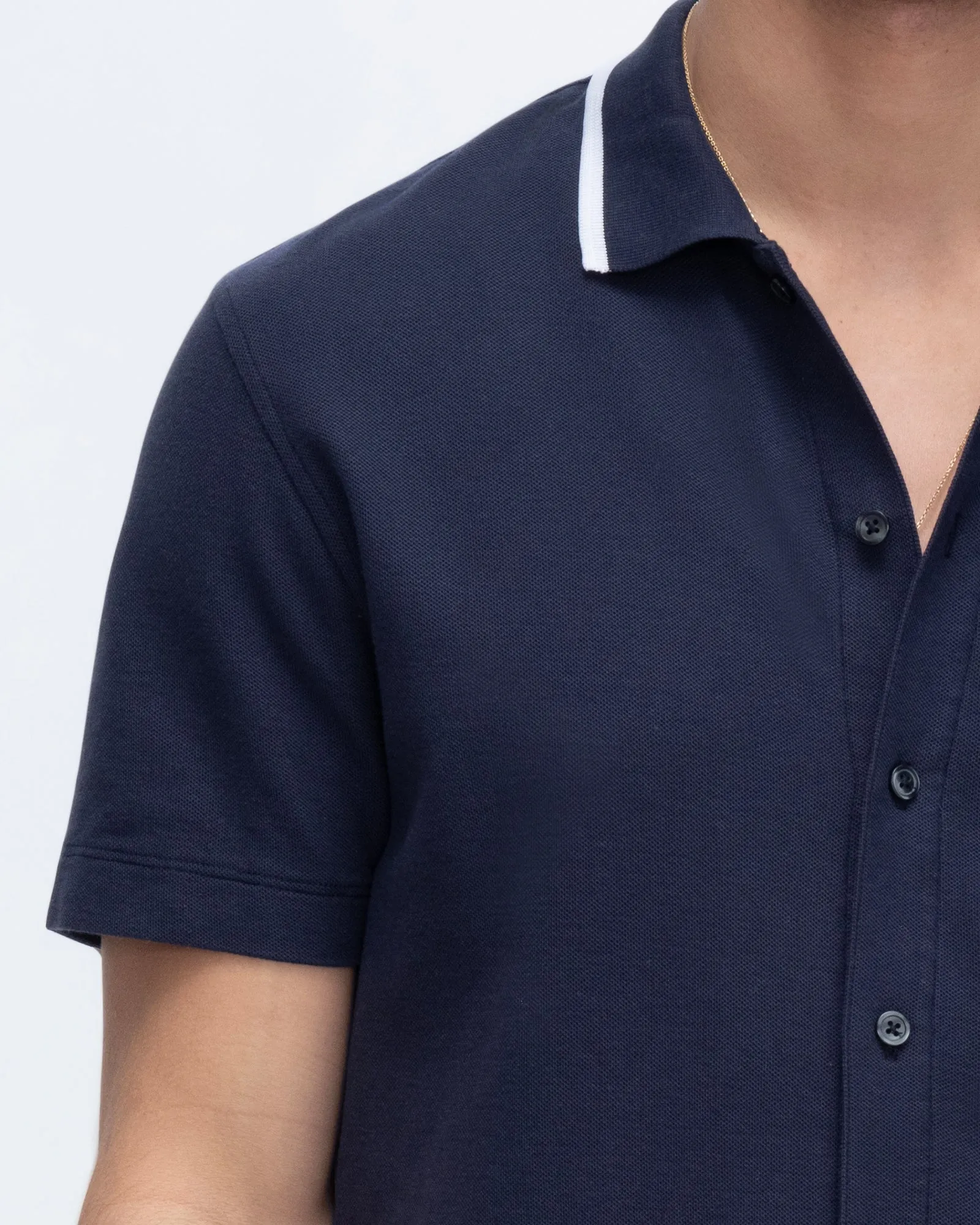 Pique Button Front Shirt with Tipping - Navy-White anti wrinkle