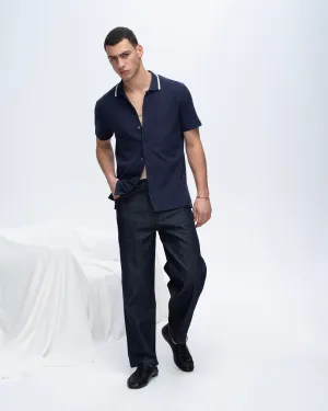 Pique Button Front Shirt with Tipping - Navy-White detail driven