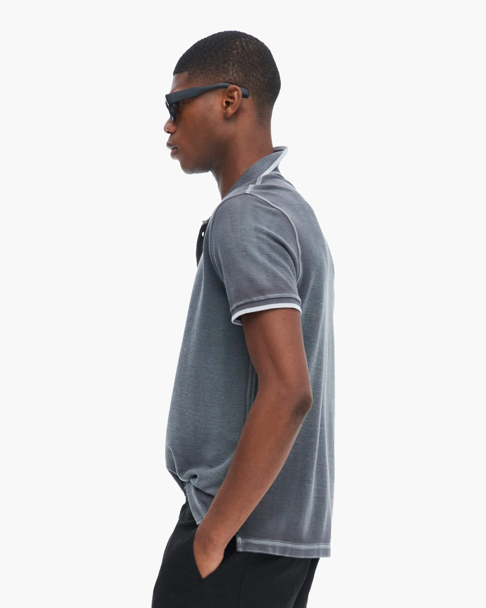 Pique Pigment Wash Short Sleeve Polo with Tipping  - Slate Grey layered look