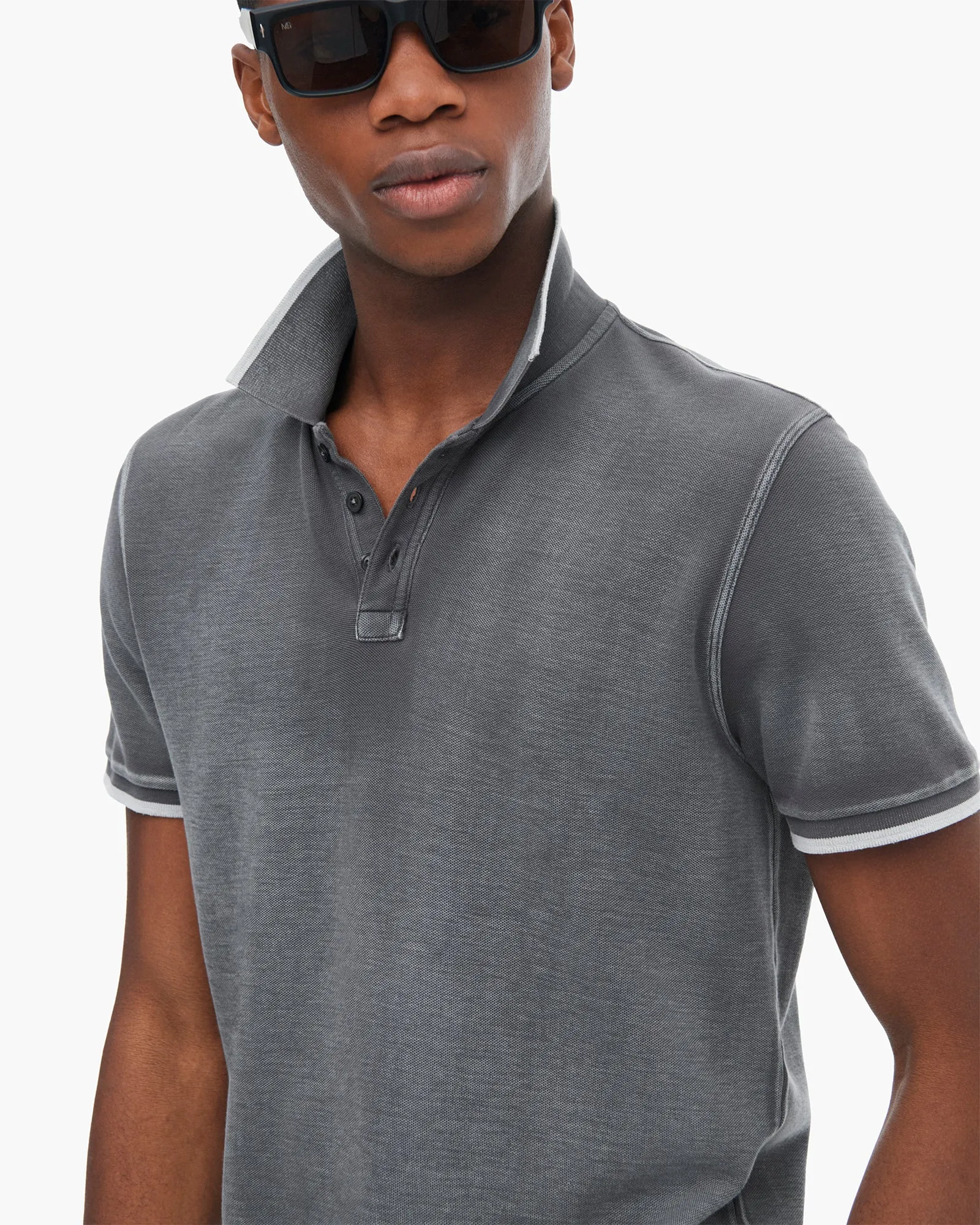 Pique Pigment Wash Short Sleeve Polo with Tipping  - Slate Grey effortless fit