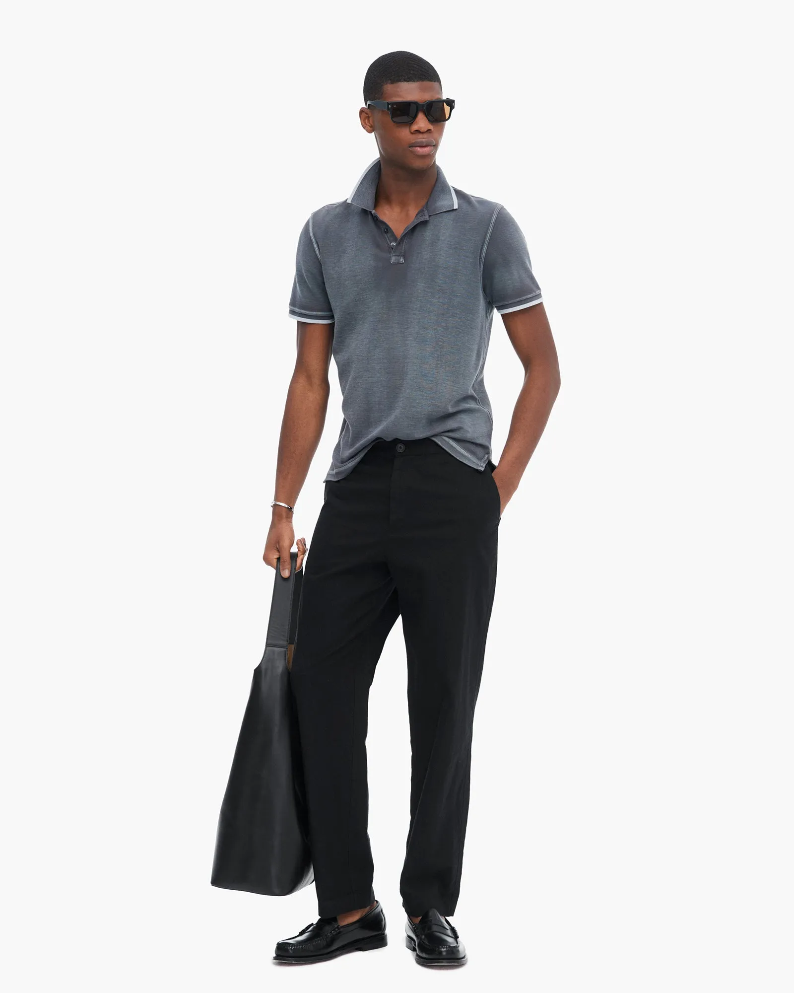Pique Pigment Wash Short Sleeve Polo with Tipping  - Slate Grey firm & soft