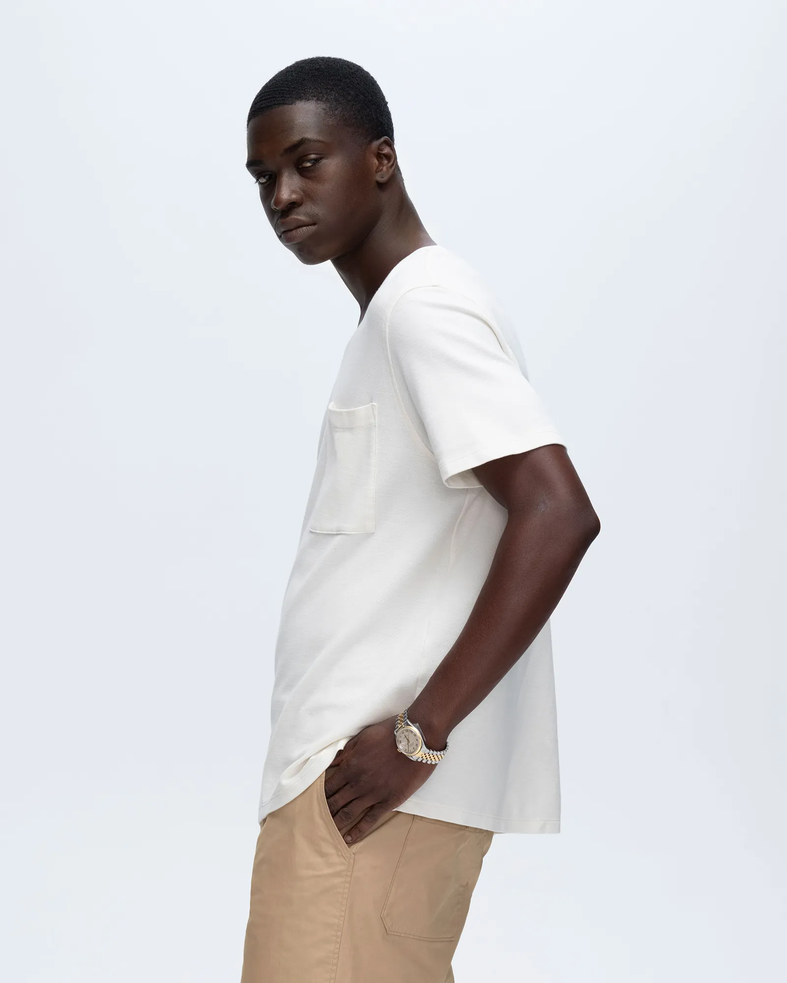 Pique Short Sleeve Crew Neck Pocket Tee with Tipping - Chalk-White real you