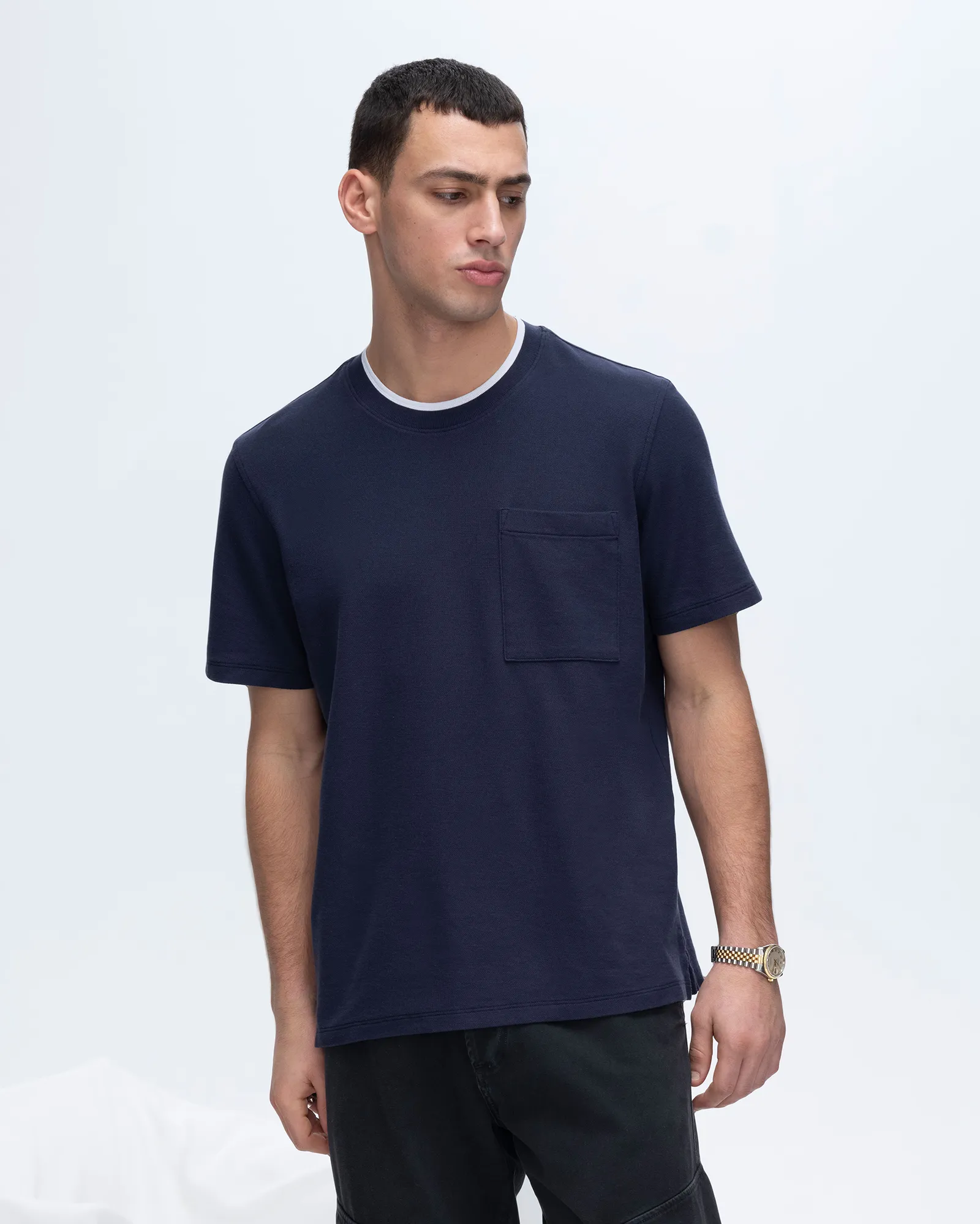 Pique Short Sleeve Crew Neck Pocket Tee with Tipping - Navy-White happy wear