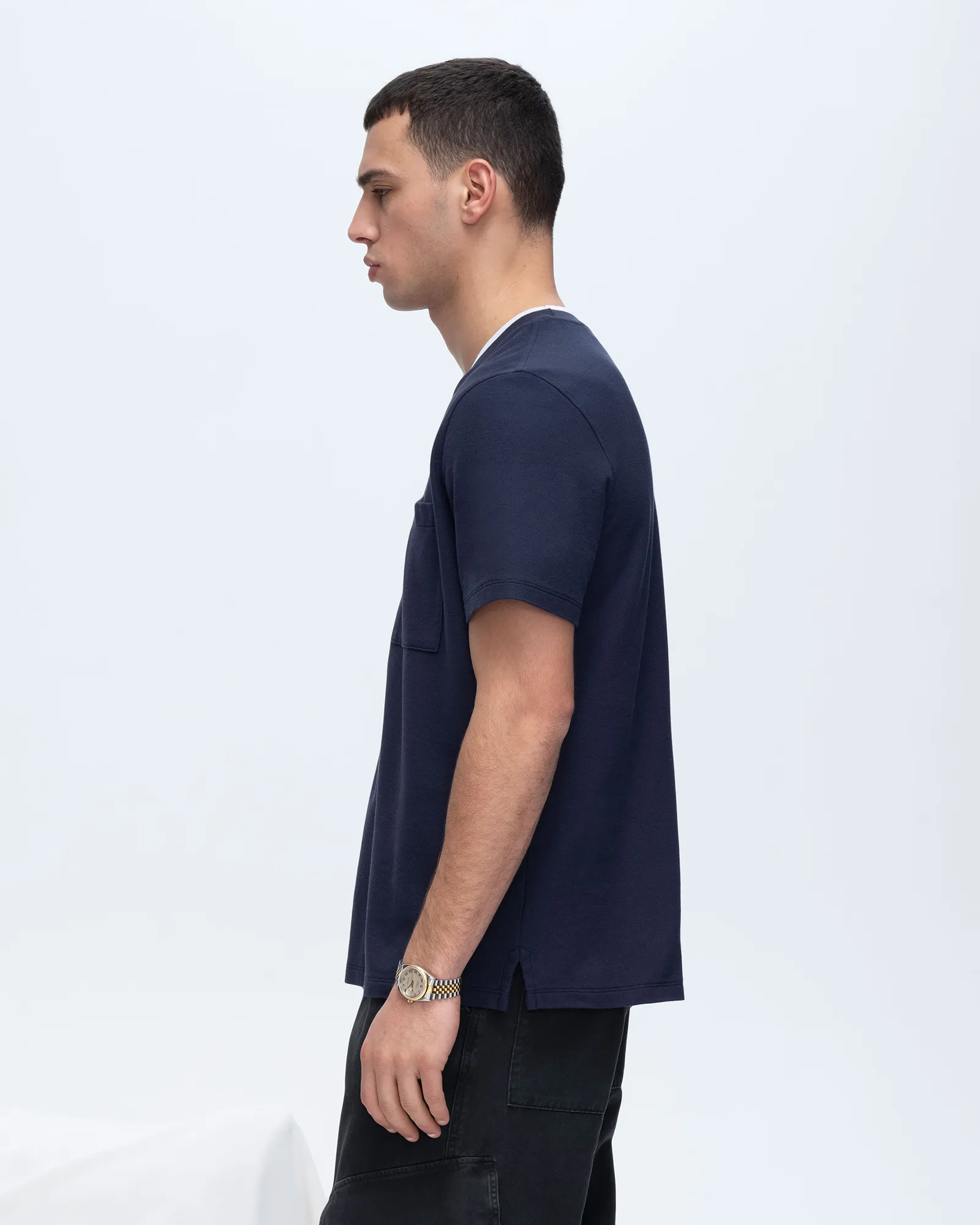 Pique Short Sleeve Crew Neck Pocket Tee with Tipping - Navy-White everyday wear